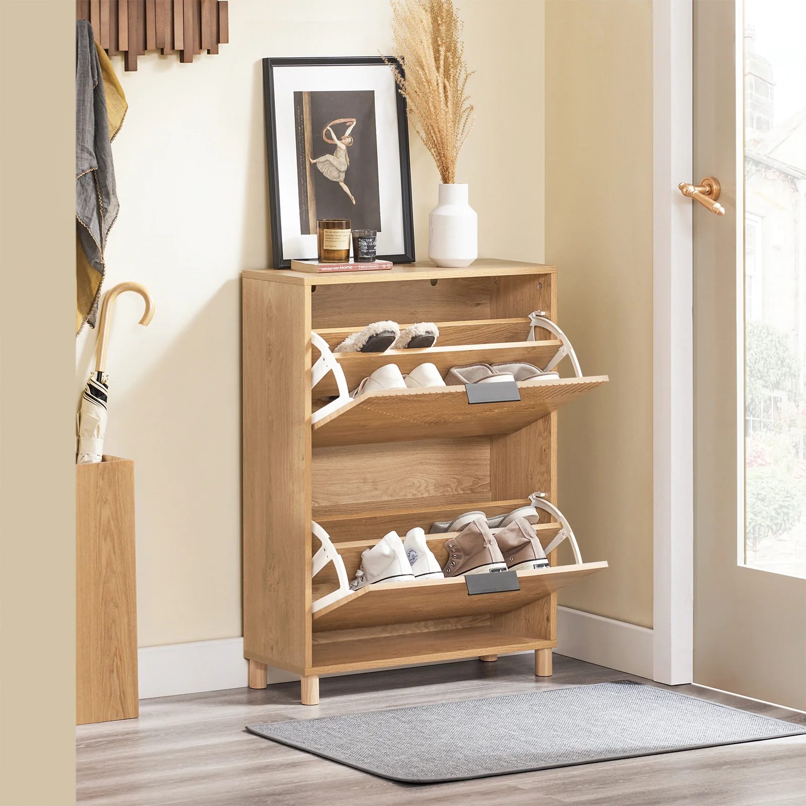 SoBuy FSR200-II-N Schoenenkast met 2 Kleppen – Ruimtebesparend Schoenenmeubel voor 8 Paar – Anti-Kantel Systeem – Geschikt tot EU Maat 47 – Licht Hout – 60×24×83 cm - Image 3