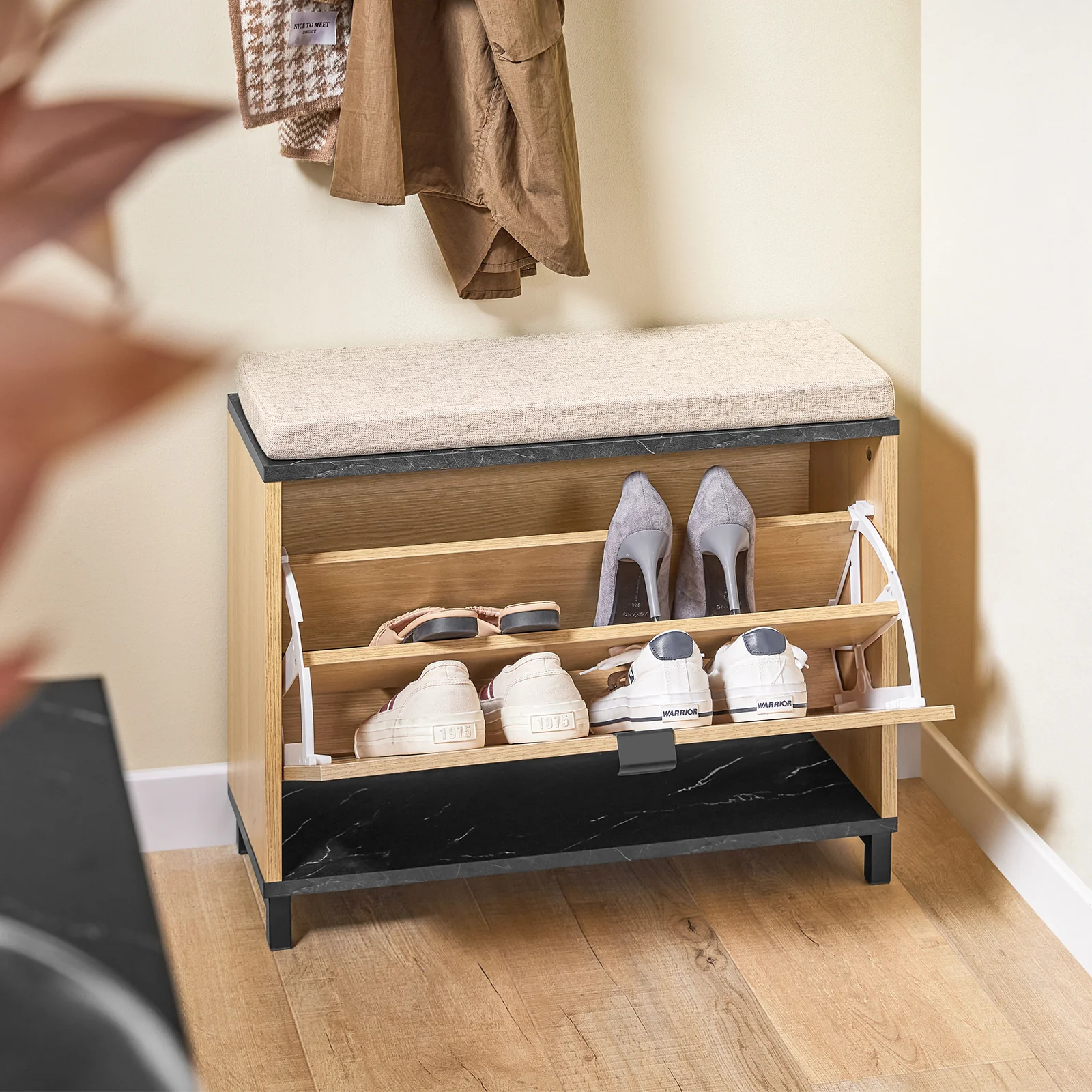 Pre-order SoBuy FSR201-N Schoenenbank, entree, met gevoerde zitting, comfortabel, inklapbaar, zwart en licht hout, ondersteunt 113 kg, 60 x 24 x 50 cm - Image 3