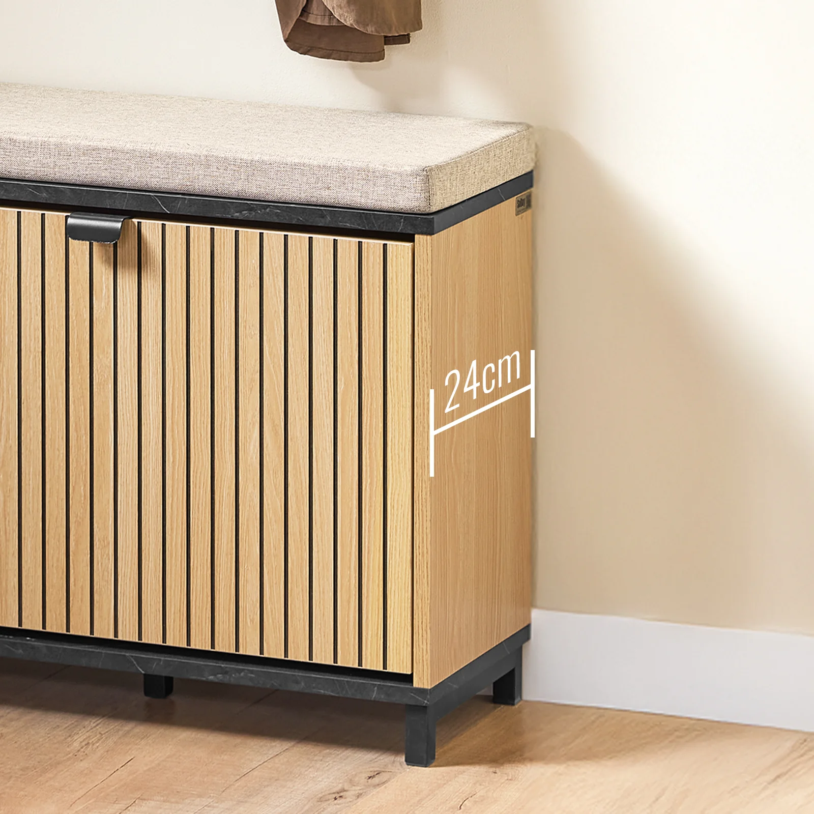 Pre-order SoBuy FSR201-N Schoenenbank, entree, met gevoerde zitting, comfortabel, inklapbaar, zwart en licht hout, ondersteunt 113 kg, 60 x 24 x 50 cm - Image 7
