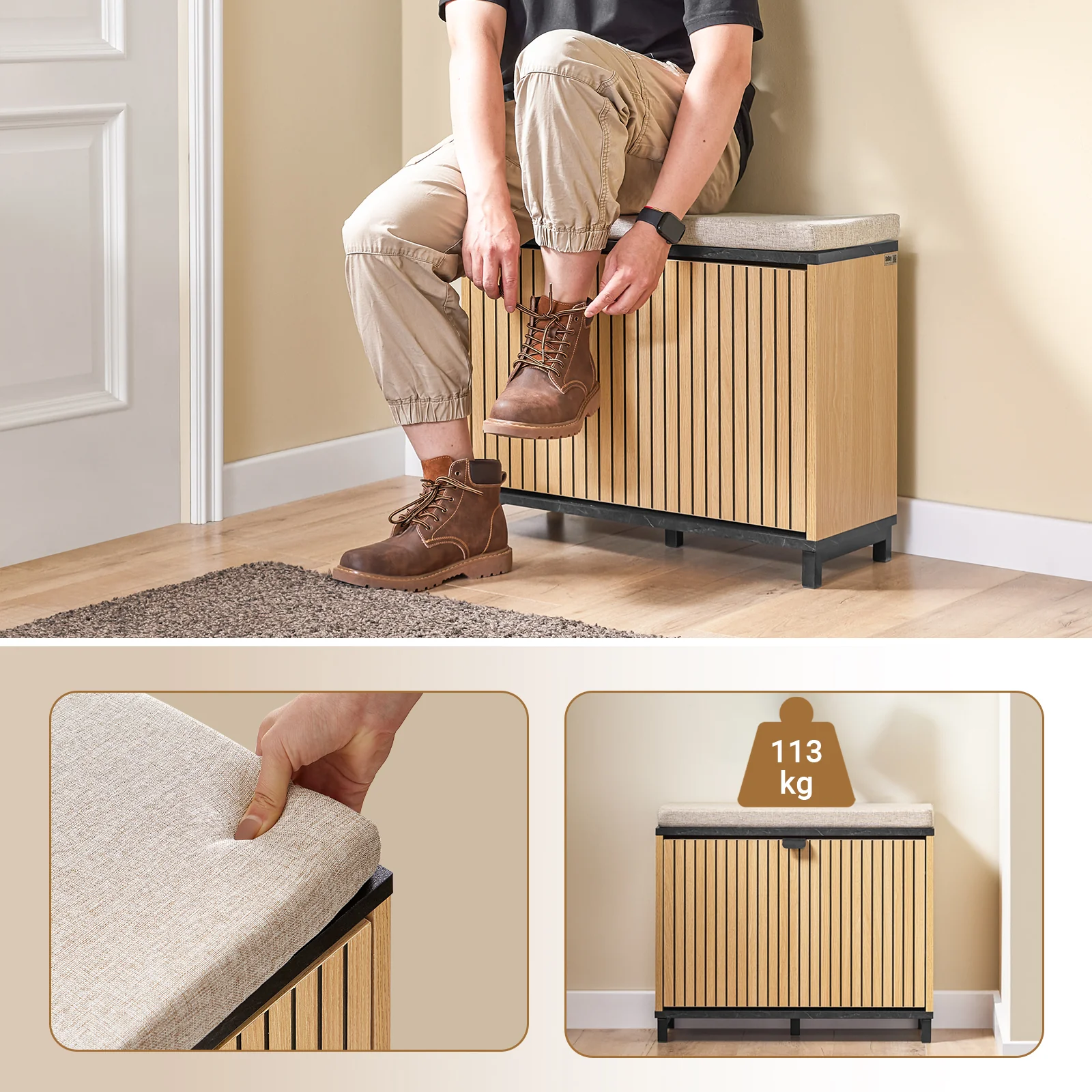 Pre-order SoBuy FSR201-N Schoenenbank, entree, met gevoerde zitting, comfortabel, inklapbaar, zwart en licht hout, ondersteunt 113 kg, 60 x 24 x 50 cm - Image 8