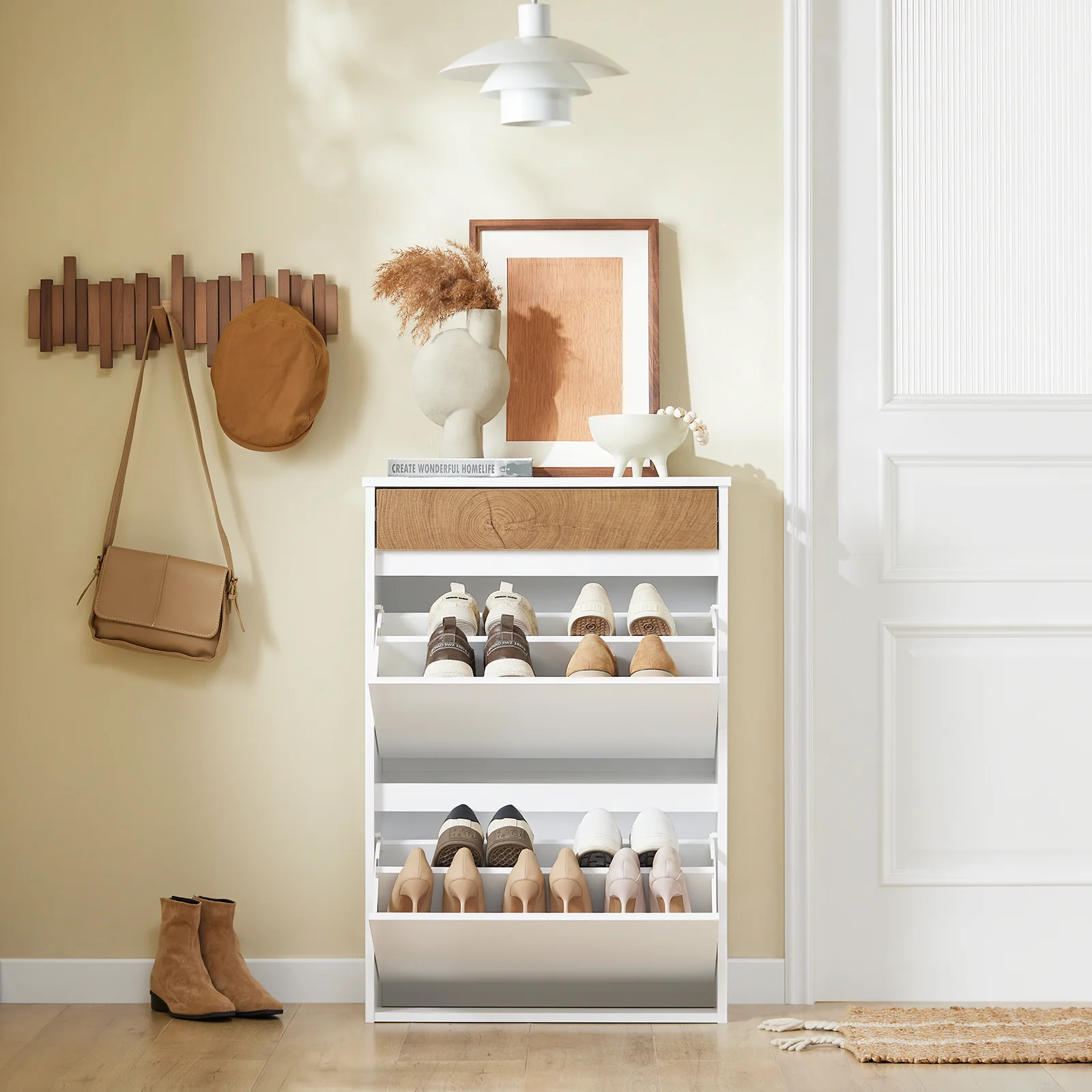 Pre-order SoBuy FSR205-WN Schoenenrek, schoenenkast, entree – compact met lade en kanteldeuren – Scandinavisch design voor entree en hal – wit hout 61 x 26 x 91 cm - Image 3