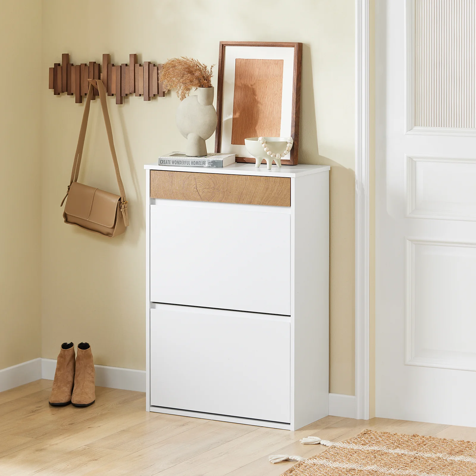 Pre-order SoBuy FSR205-WN Schoenenrek, schoenenkast, entree – compact met lade en kanteldeuren – Scandinavisch design voor entree en hal – wit hout 61 x 26 x 91 cm - Image 4