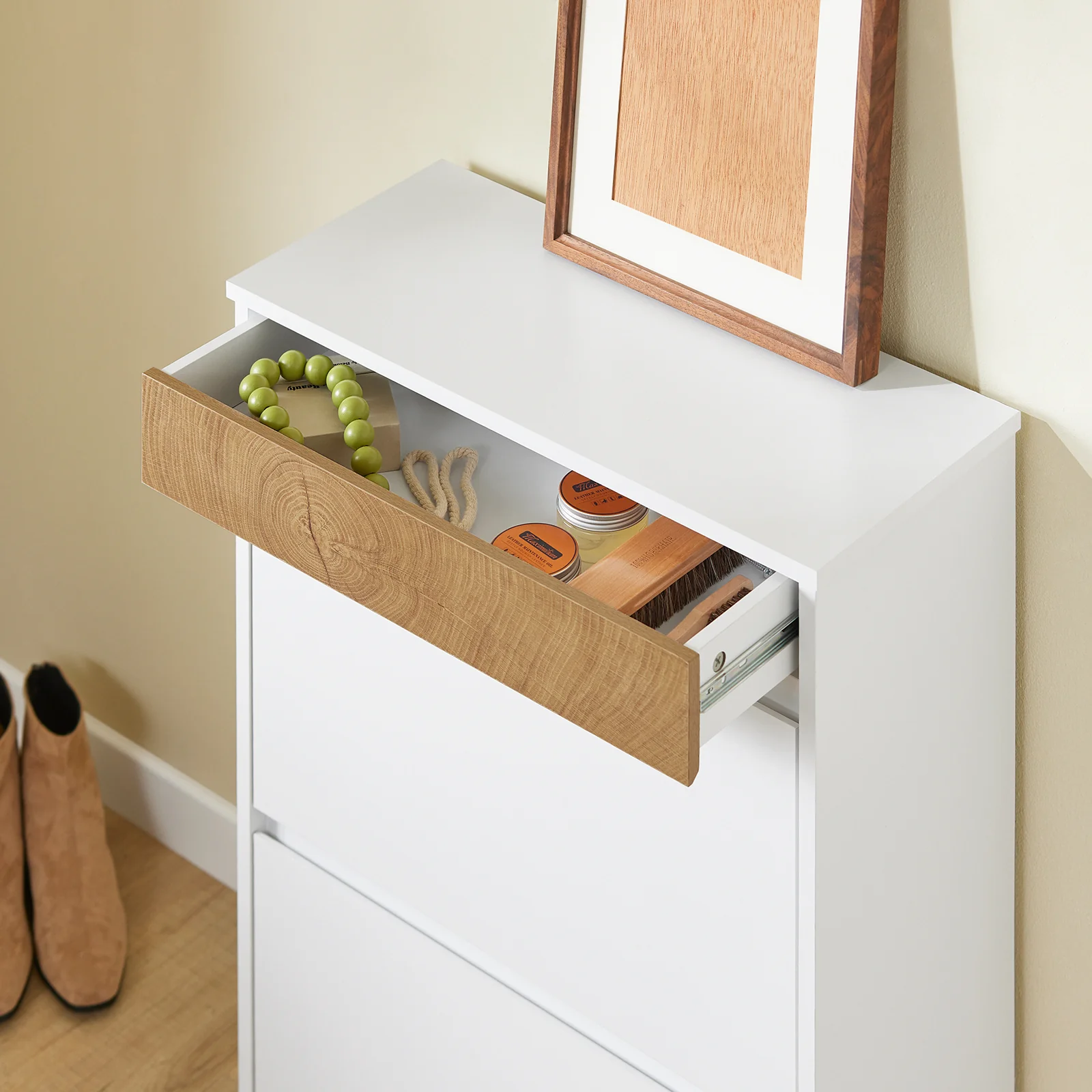 Pre-order SoBuy FSR205-WN Schoenenrek, schoenenkast, entree – compact met lade en kanteldeuren – Scandinavisch design voor entree en hal – wit hout 61 x 26 x 91 cm - Image 8