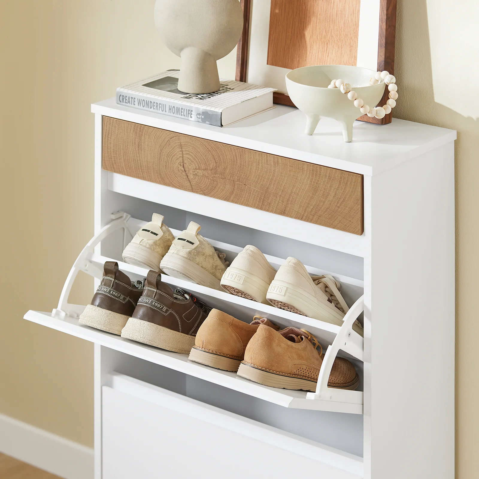 Pre-order SoBuy FSR205-WN Schoenenrek, schoenenkast, entree – compact met lade en kanteldeuren – Scandinavisch design voor entree en hal – wit hout 61 x 26 x 91 cm - Image 9