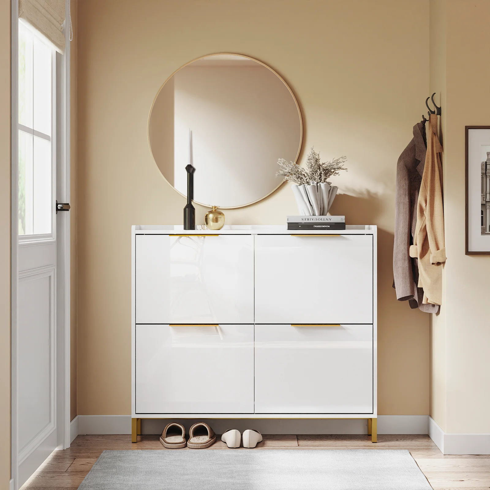 SoBuy FSR206-GW Schoenenkast Ingang – Ultradun 19 cm – Hoogglans Wit en Goud – Voor Hal, Gang, Kleine Ruimte, Met Kantelbeveiliging en Vloerbescherming – 100x19x90 cm - Image 2