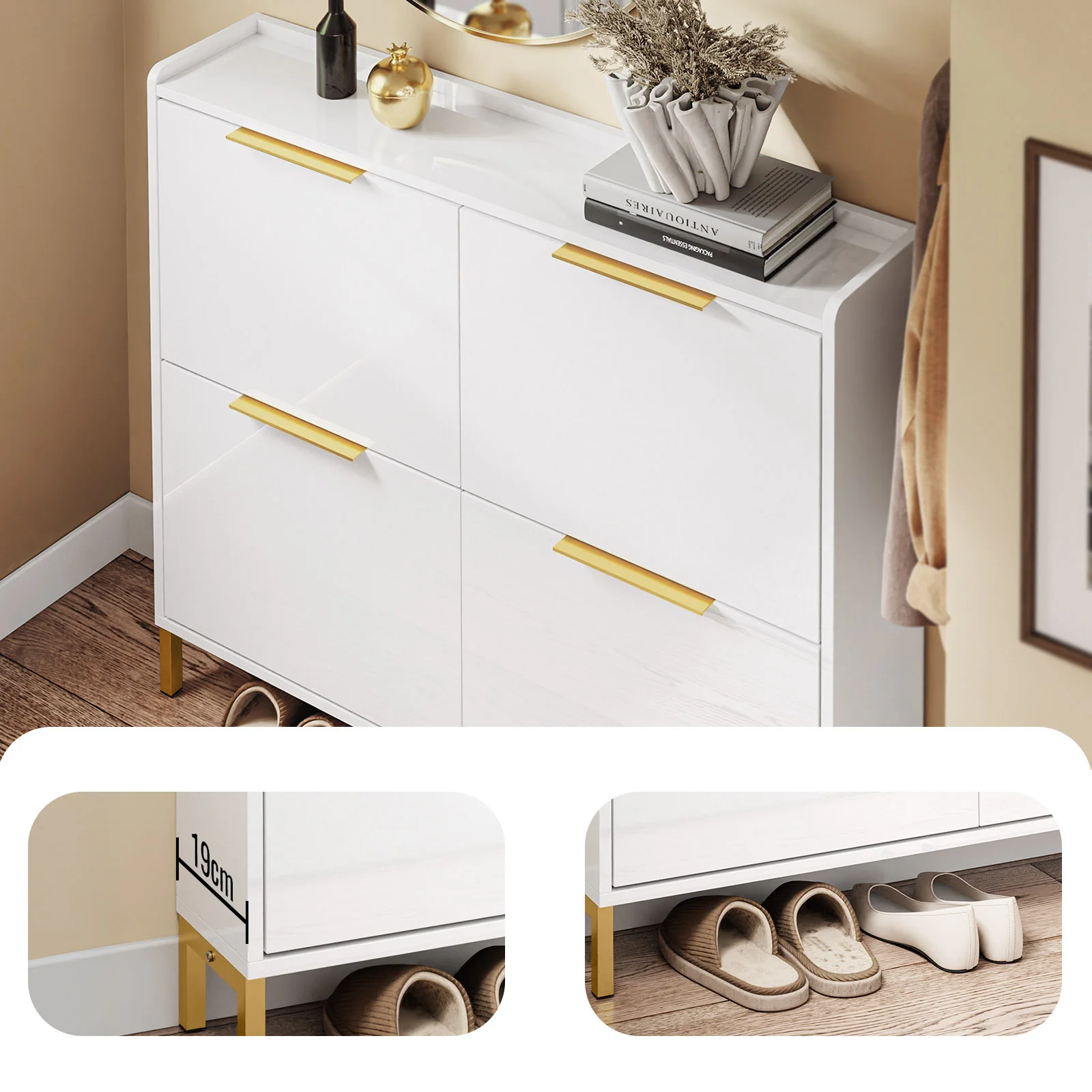 SoBuy FSR206-GW Schoenenkast Ingang – Ultradun 19 cm – Hoogglans Wit en Goud – Voor Hal, Gang, Kleine Ruimte, Met Kantelbeveiliging en Vloerbescherming – 100x19x90 cm - Image 5