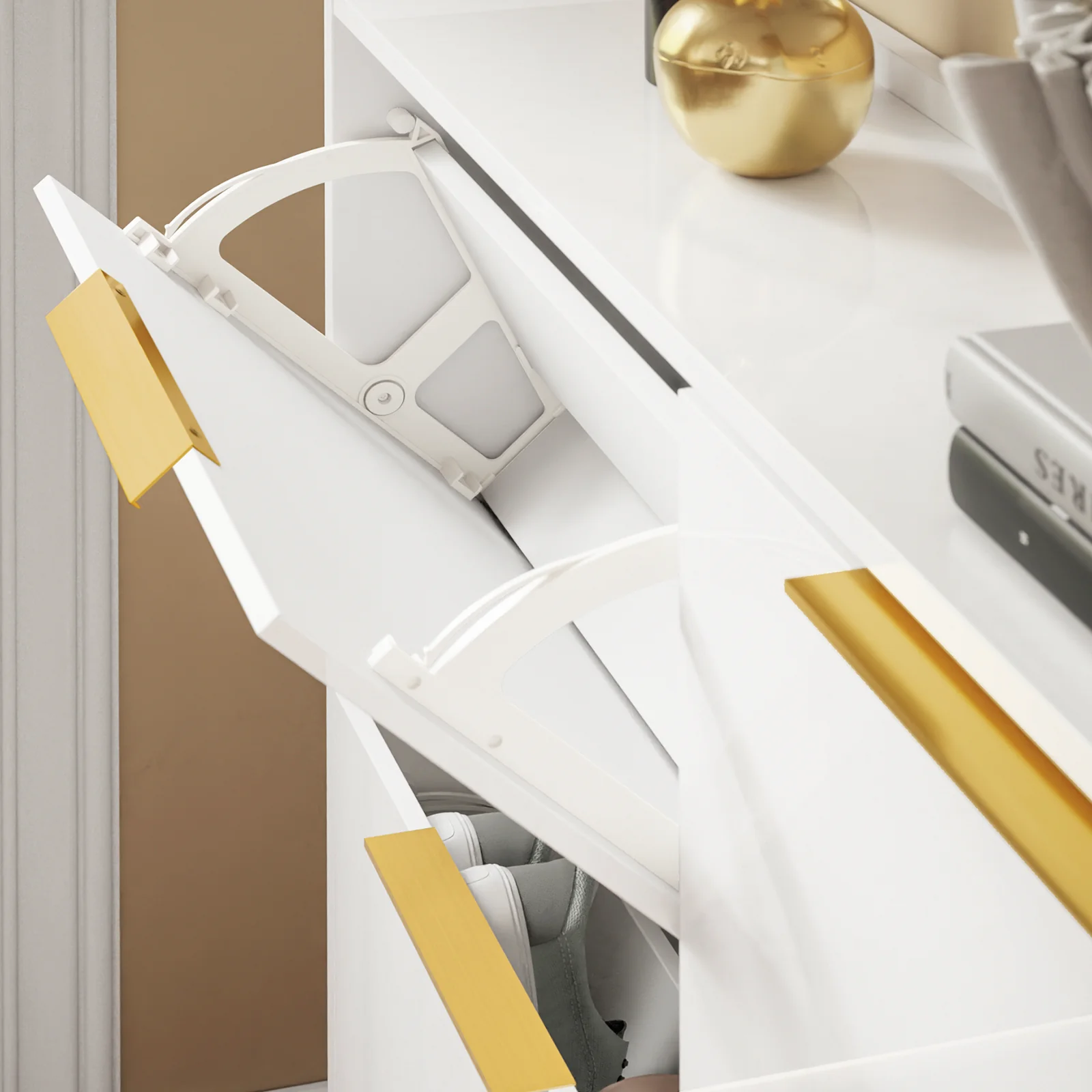 SoBuy FSR206-GW Schoenenkast Ingang – Ultradun 19 cm – Hoogglans Wit en Goud – Voor Hal, Gang, Kleine Ruimte, Met Kantelbeveiliging en Vloerbescherming – 100x19x90 cm - Image 9