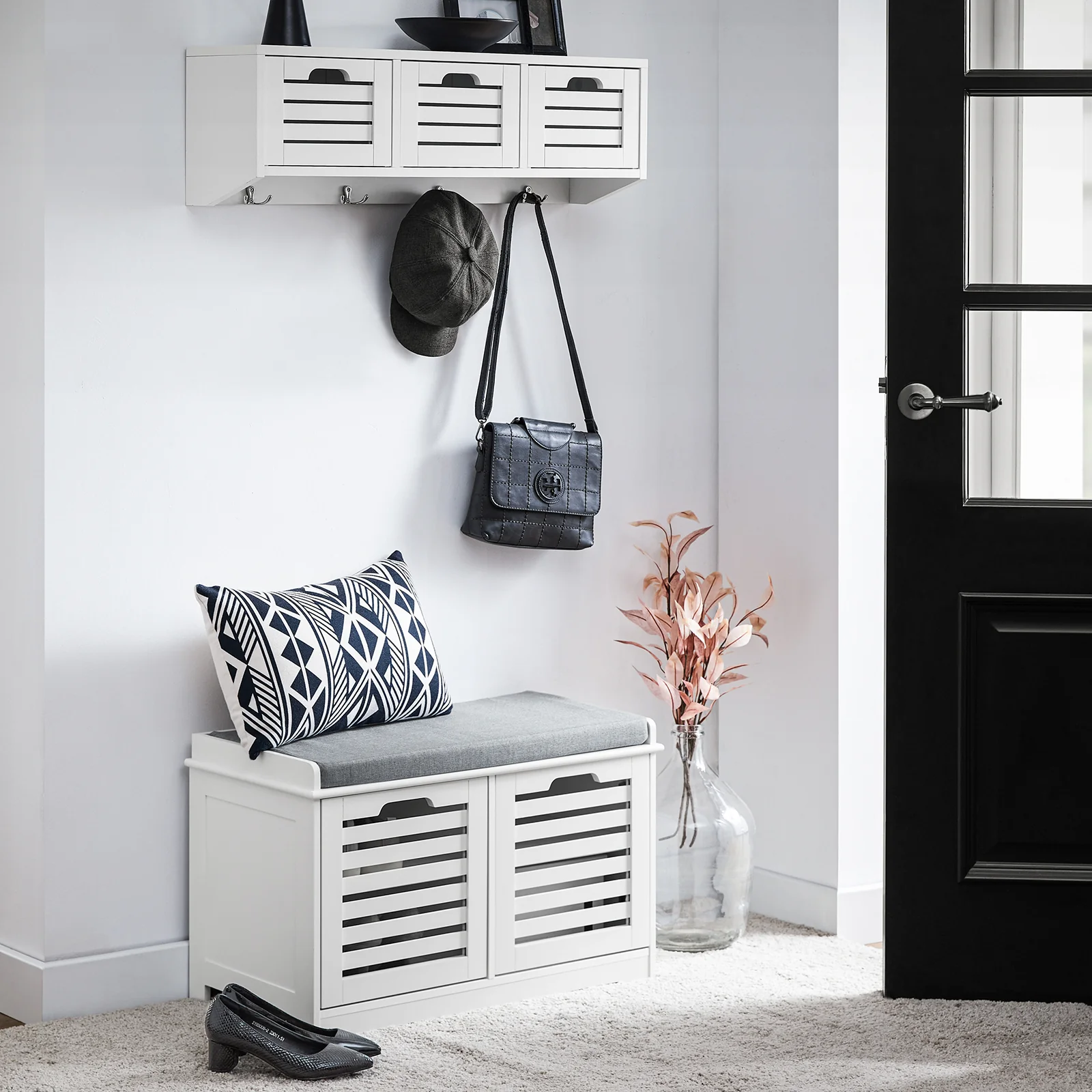 Pre-order SoBuy FSR23-II-W Schoenenbank met Opbergruimte – 2 Deuren & Comfortabel Kussen – Halmeubel 71x35x43cm, Wit - Image 3