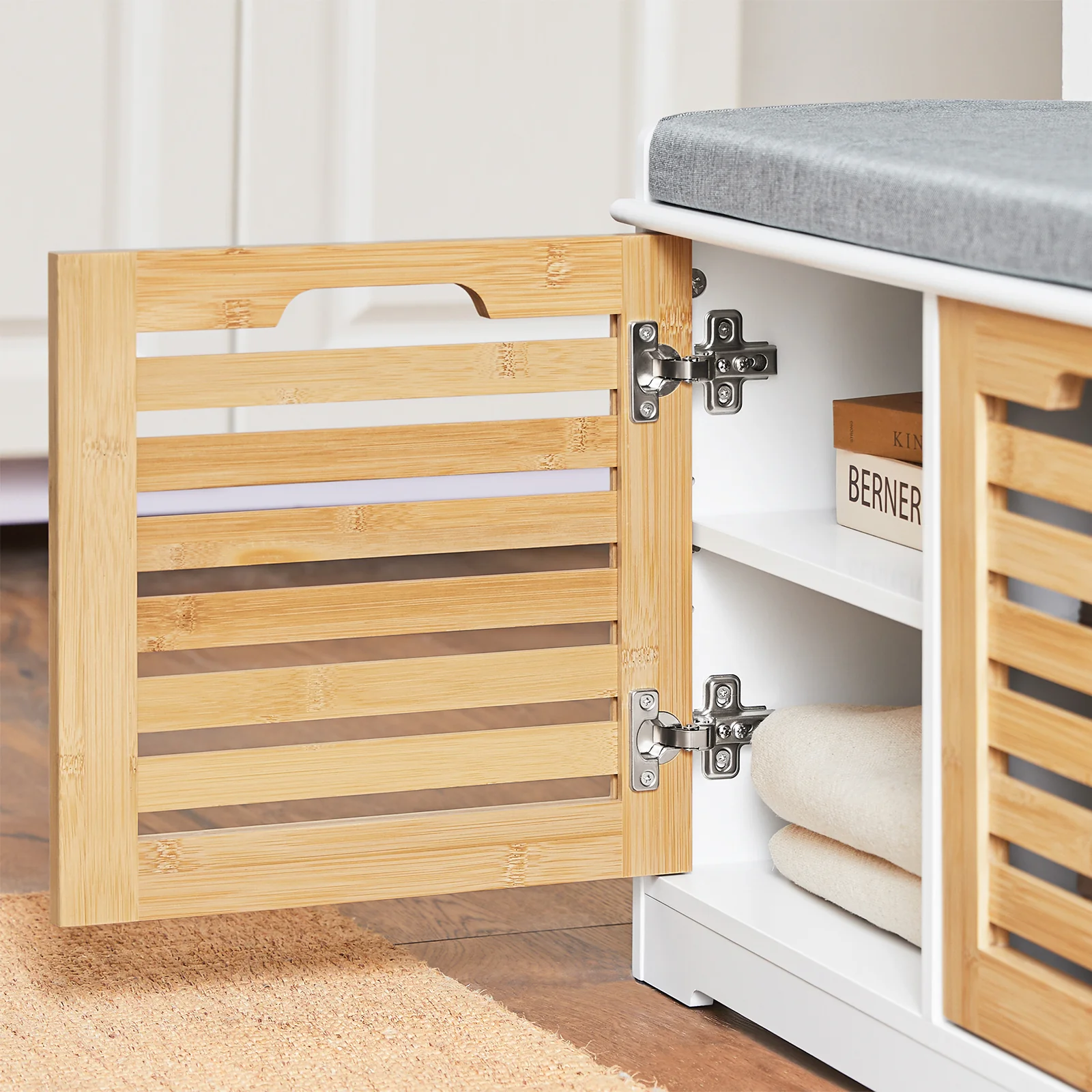 SoBuy FSR23-II-WN Schoenenbank met Opbergruimte en Comfortkussen – 2-Deurs Schoenenkast voor Hal – 71x35x43cm, Wit/Naturel - Image 11