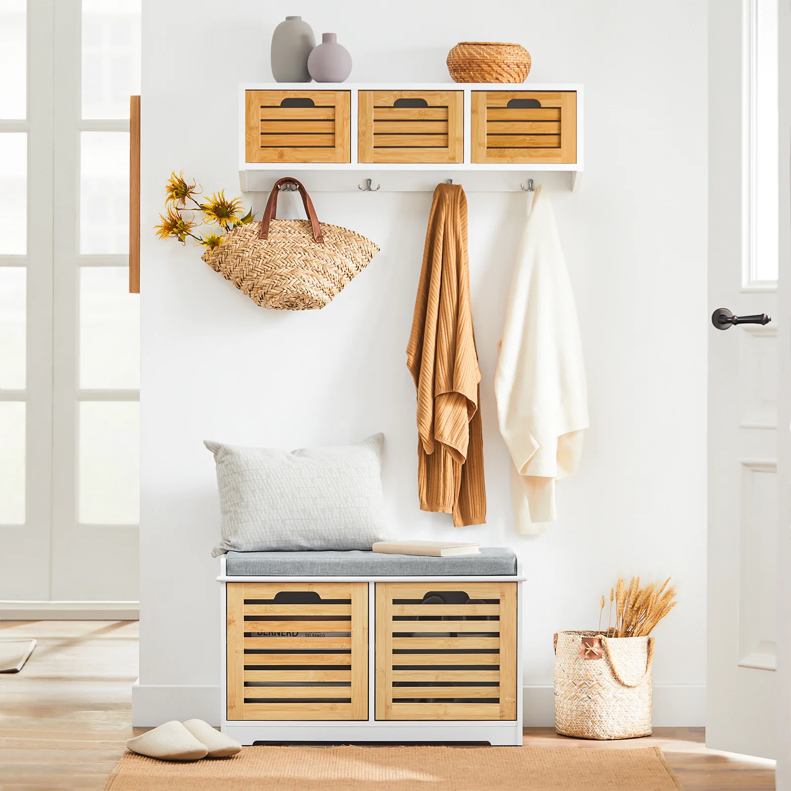 SoBuy FSR23-II-WN Schoenenbank met Opbergruimte en Comfortkussen – 2-Deurs Schoenenkast voor Hal – 71x35x43cm, Wit/Naturel - Image 2