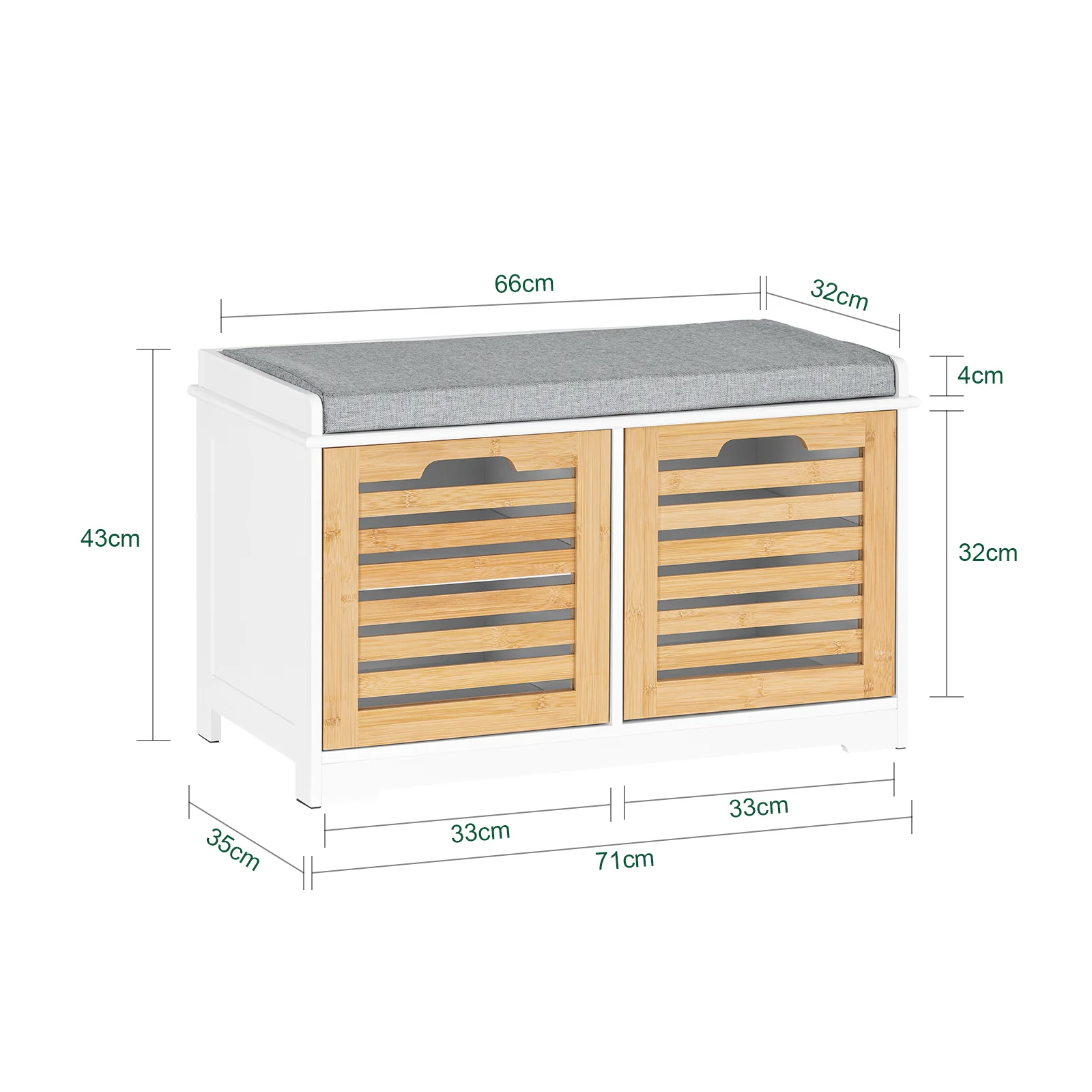 SoBuy FSR23-II-WN Schoenenbank met Opbergruimte en Comfortkussen – 2-Deurs Schoenenkast voor Hal – 71x35x43cm, Wit/Naturel - Image 5