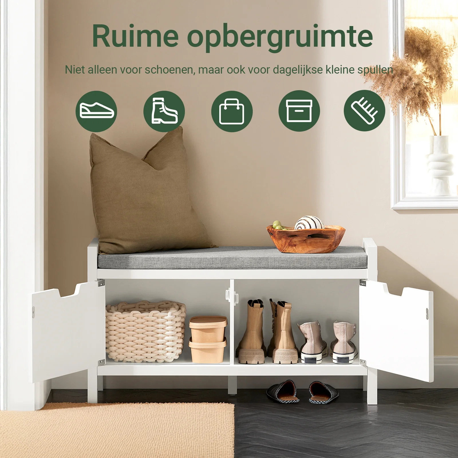 SoBuy FSR63-II-W – Schoenenkast met Zacht Kussen – Opberg Bankje met Deuren, Hoge Draagkracht 150 kg – Wit, 91×30×50 cm - Image 2