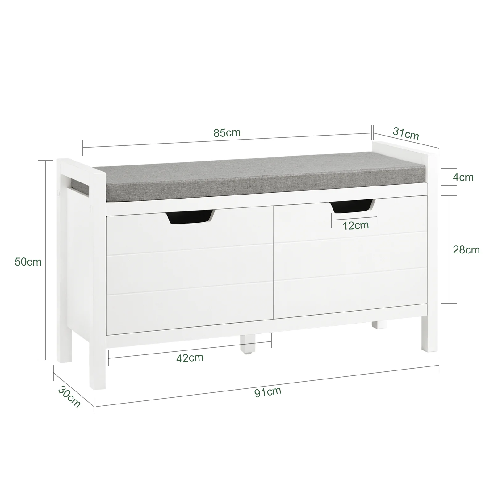 SoBuy FSR63-II-W – Schoenenkast met Zacht Kussen – Opberg Bankje met Deuren, Hoge Draagkracht 150 kg – Wit, 91×30×50 cm - Image 4