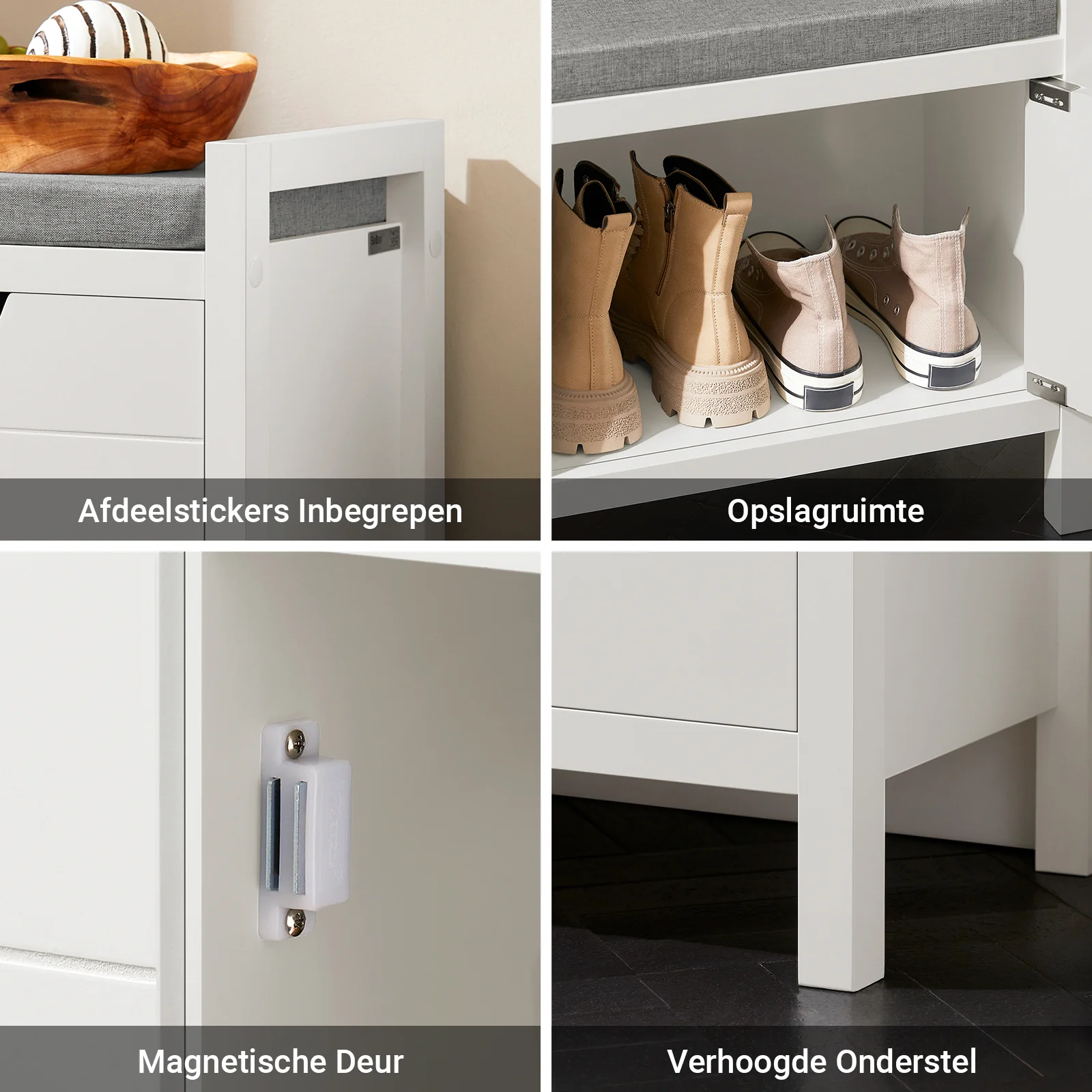SoBuy FSR63-II-W – Schoenenkast met Zacht Kussen – Opberg Bankje met Deuren, Hoge Draagkracht 150 kg – Wit, 91×30×50 cm - Image 6