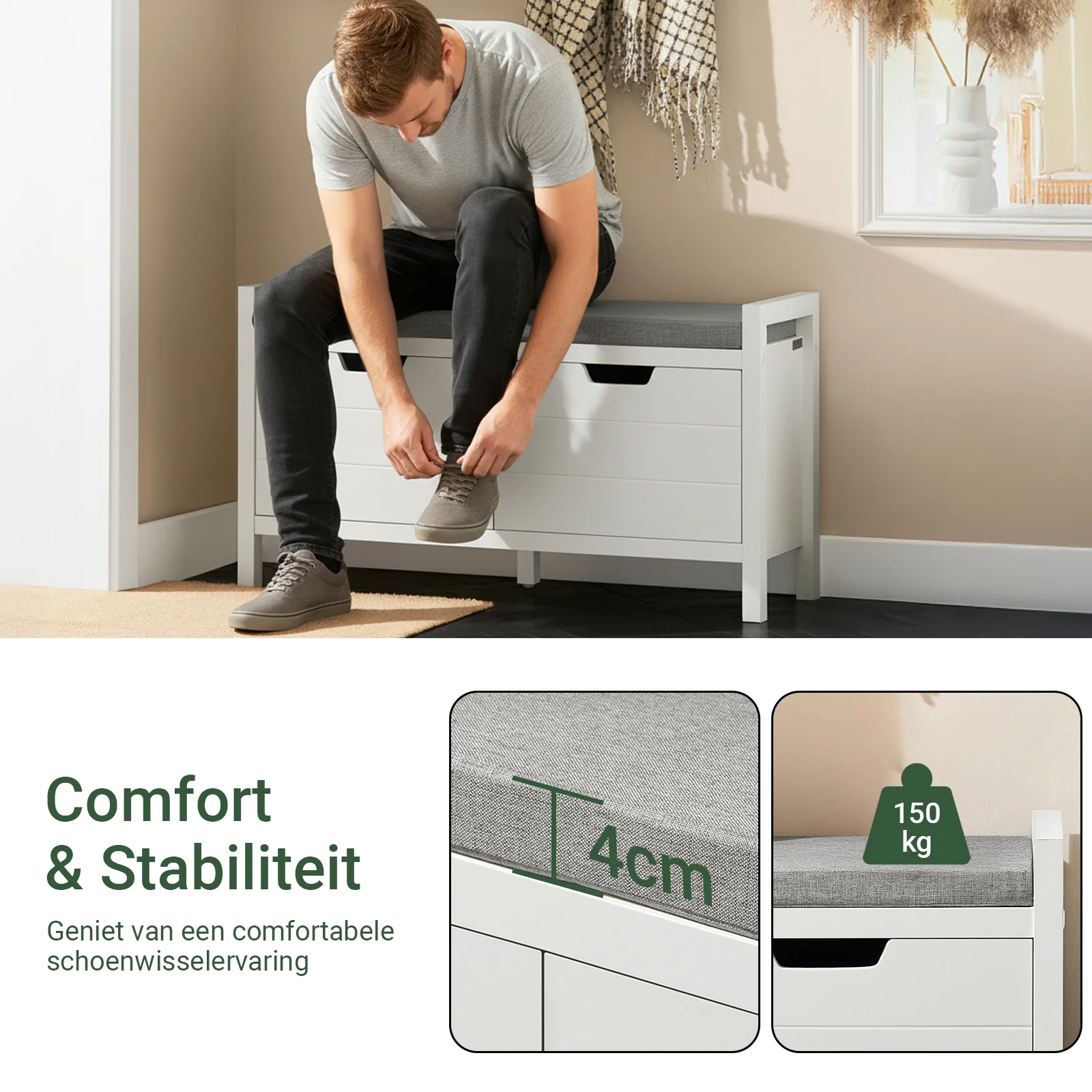 SoBuy FSR63-II-W – Schoenenkast met Zacht Kussen – Opberg Bankje met Deuren, Hoge Draagkracht 150 kg – Wit, 91×30×50 cm - Image 7