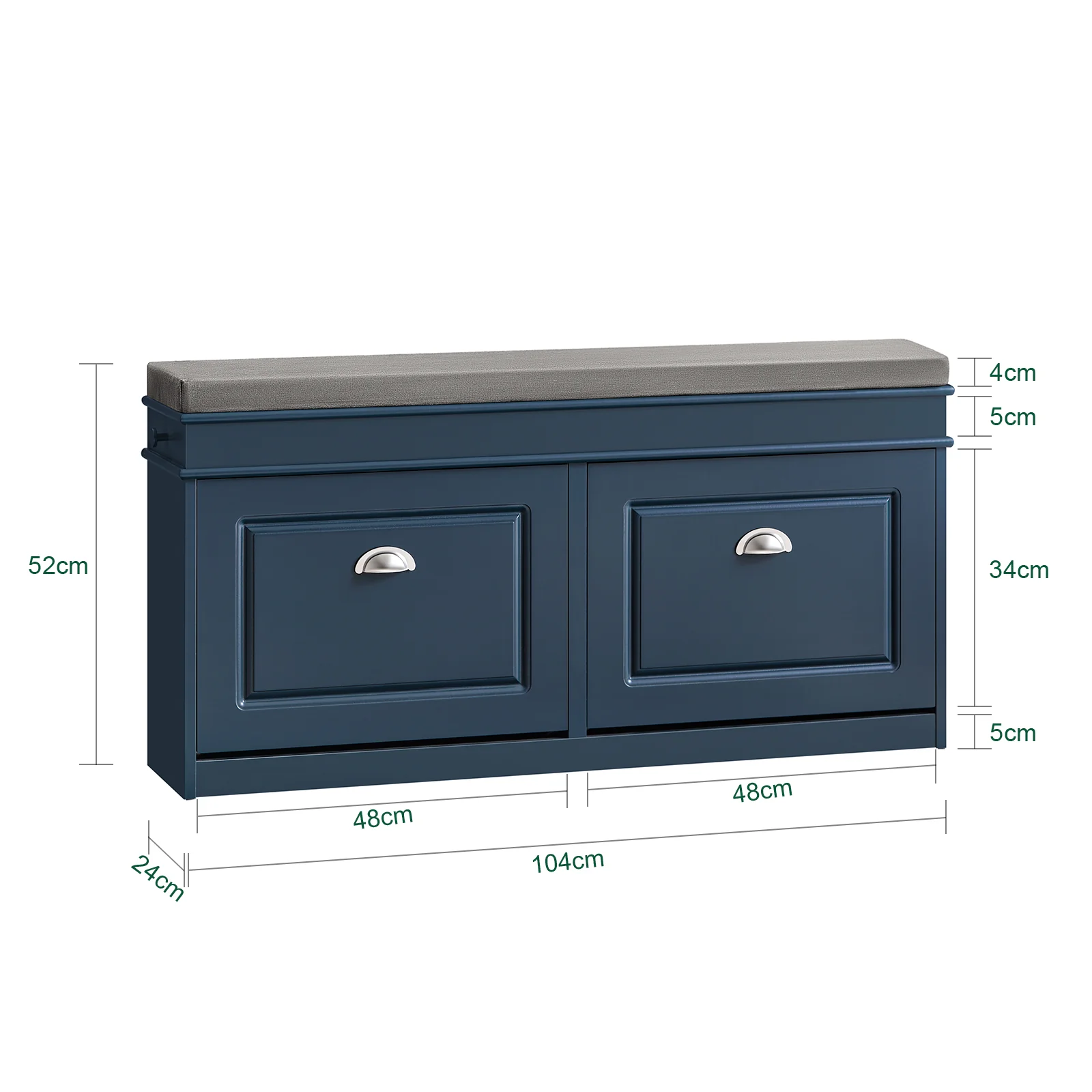Pre-order SoBuy FSR64-B Schoenenkast Schoenenopberger Schoenbank Hal - 2 Kleppen met Verwijderbaar Kussen, Opbergvak Plank voor Smalle Hal, Gelakt Hout, L104xD24xH51cm, Blauw - Image 5
