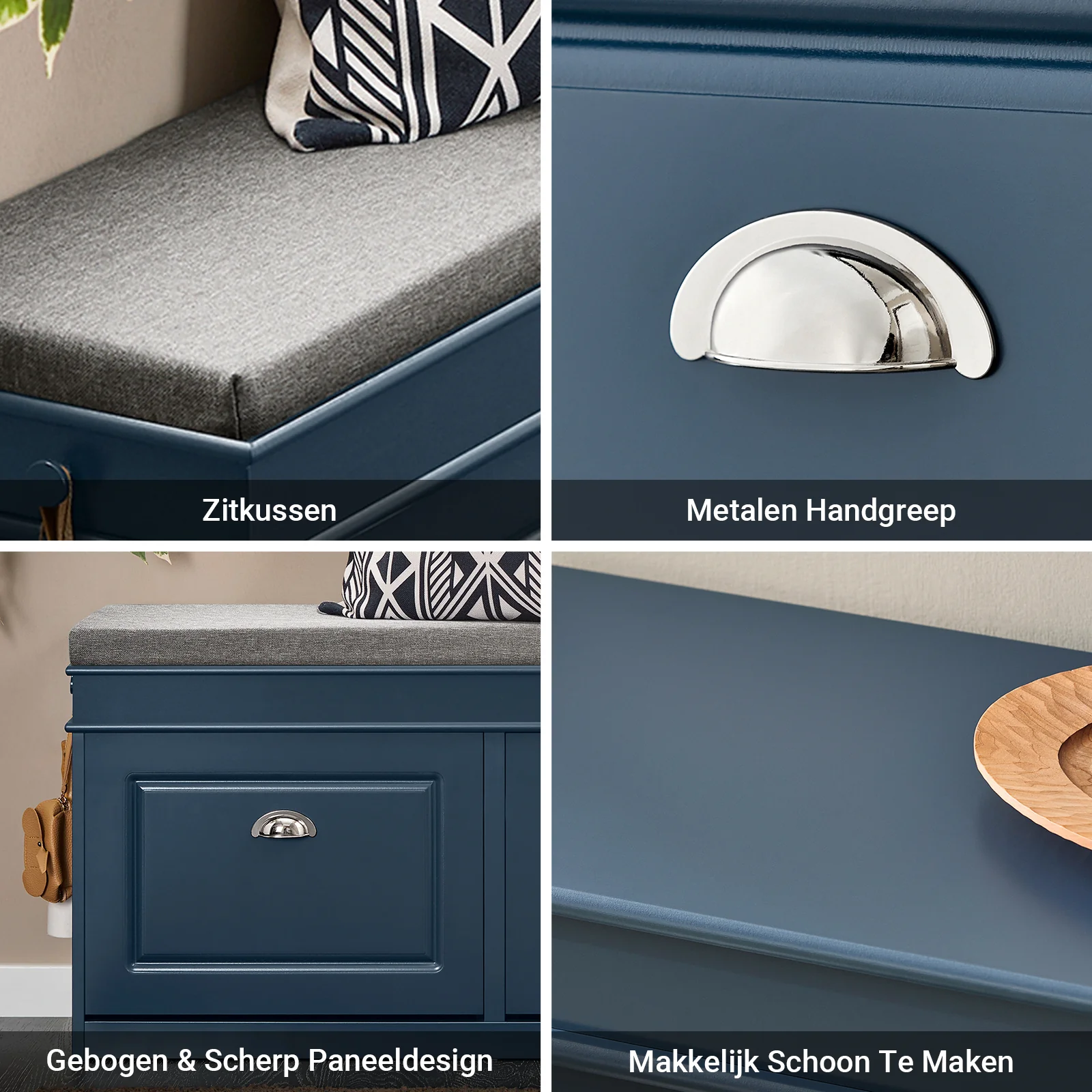 Pre-order SoBuy FSR64-B Schoenenkast Schoenenopberger Schoenbank Hal - 2 Kleppen met Verwijderbaar Kussen, Opbergvak Plank voor Smalle Hal, Gelakt Hout, L104xD24xH51cm, Blauw - Image 8