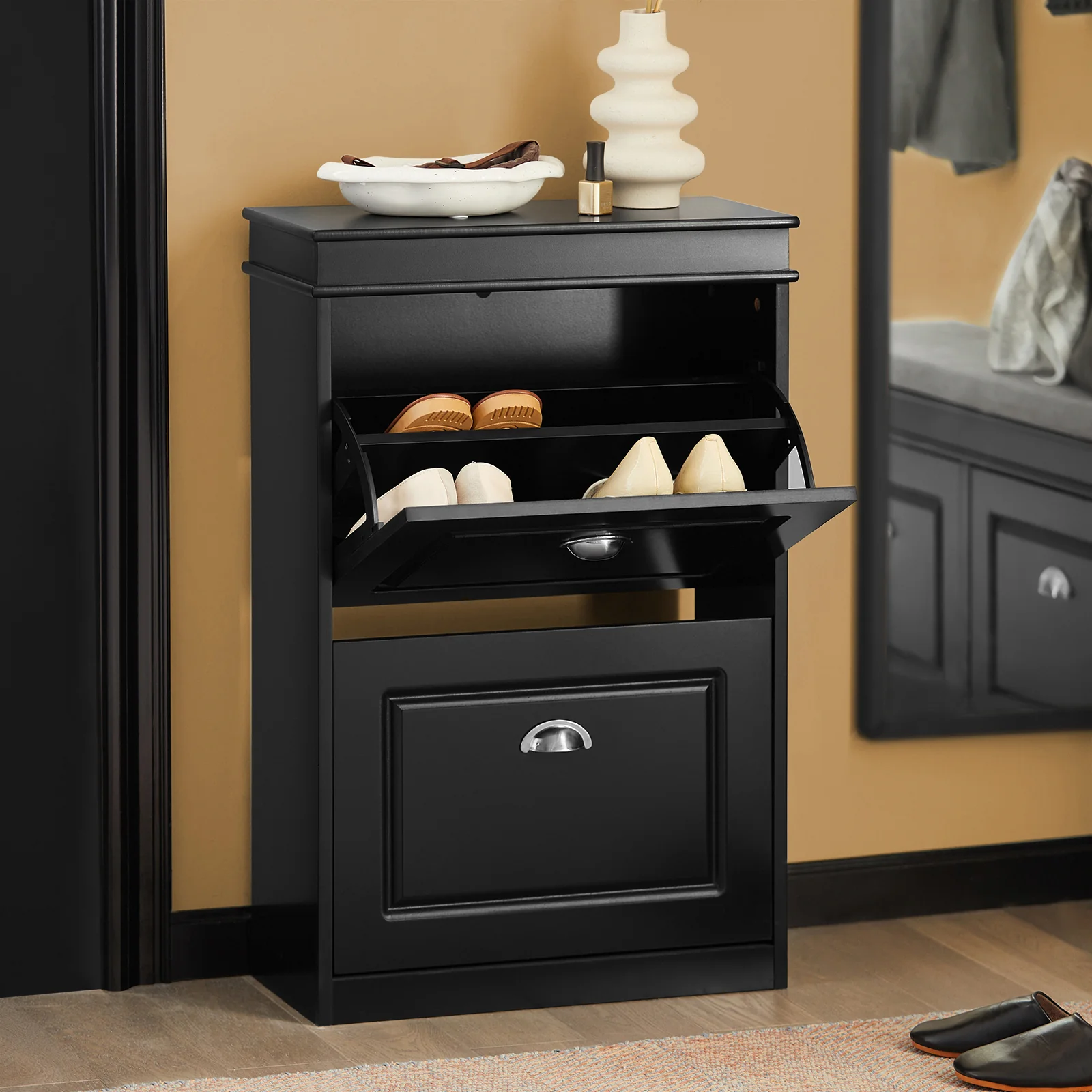 SoBuy FSR78-SCH Schoenenkast met 2 Oprolbare Deuren, Schoenenopslag voor de Hal, 8 Paar Schoenen, 54x24x83 cm, Zwart - Image 3