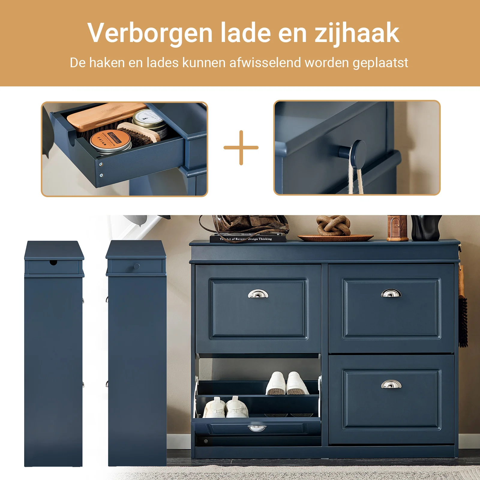 SoBuy FSR79-B Schoenenkast met 4 Kleppen, Schoenenopbergkast voor Hal, Schoenenmeubel, Opbergruimte voor 16 Paar Schoenen, voor Gang en Entree, 105x24x83 cm, Blauw - Image 3