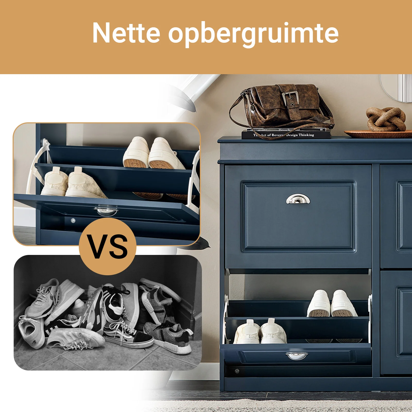 SoBuy FSR79-B Schoenenkast met 4 Kleppen, Schoenenopbergkast voor Hal, Schoenenmeubel, Opbergruimte voor 16 Paar Schoenen, voor Gang en Entree, 105x24x83 cm, Blauw - Image 8