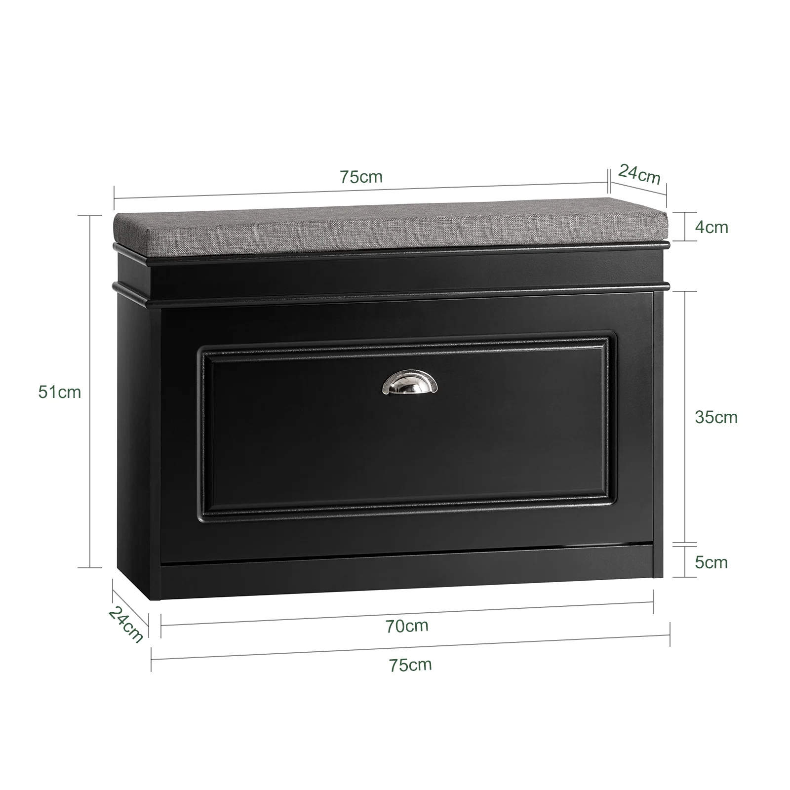 SoBuy FSR82-L-SCH Schoenenbank, Schoenenkast met Gevoerd Kussen en 1 Klep, Schoenenopberger, Opbergbank voor Woonkamer, Hal, Slaapkamer, L75xD24xH51 cm, Zwart - Image 4