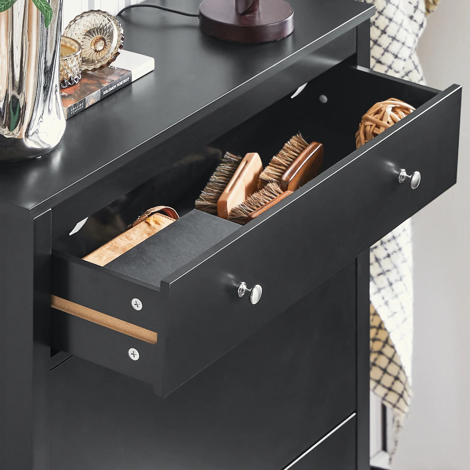 SoBuy FSR89-SCH Schoenenkast 2 kleppen Entreekast Schoenenopbergdoos met grote lade Zwart- 80x25x108 cm - Image 9
