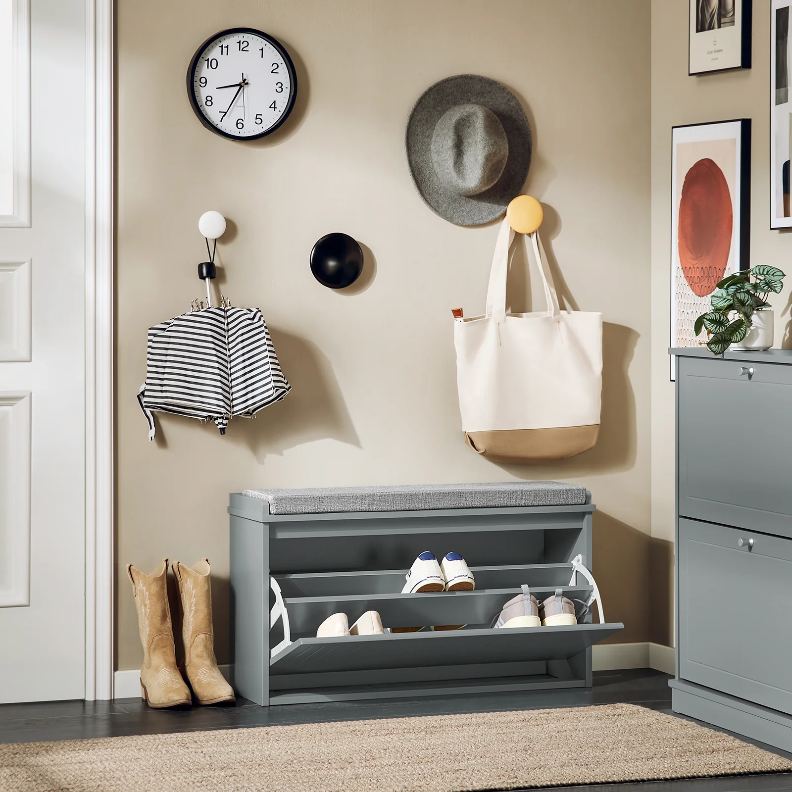 SoBuy FSR98-L-HG Schoenenbank met Kussen en Opklapbare Zitting – Compacte Schoenenopberger voor de Hal – 80 x 26 x 45 cm, Grijs, 155 kg Capaciteit - Image 3