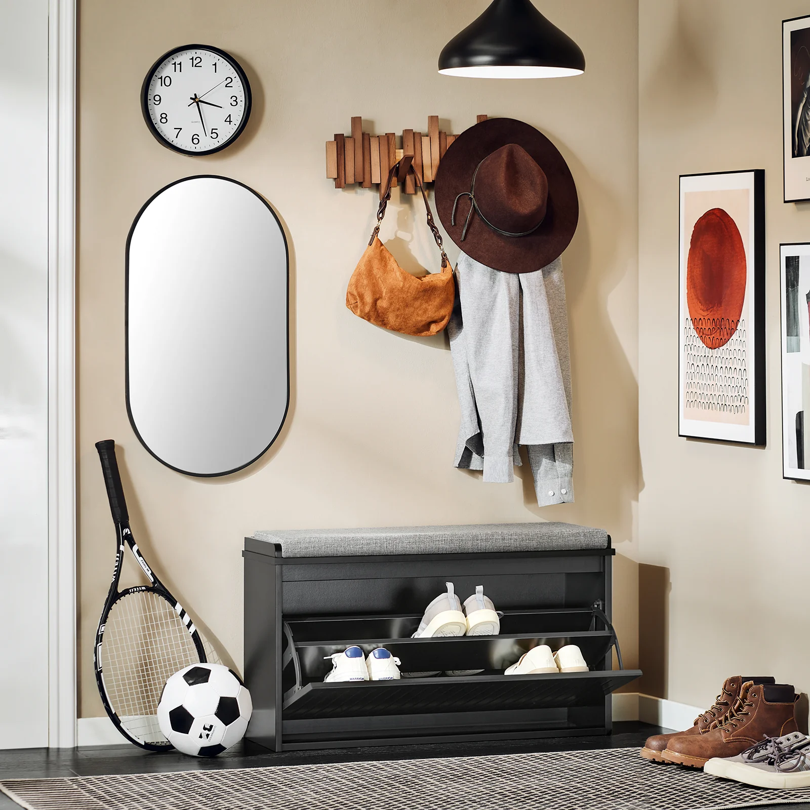 Pre-order SoBuy FSR98-L-SCH Schoenenbank met Kussen en Opbergruimte – Zwarte Schoenenkast met Klep, 80x26x45 cm, Belastbaar tot 155 kg - Image 3
