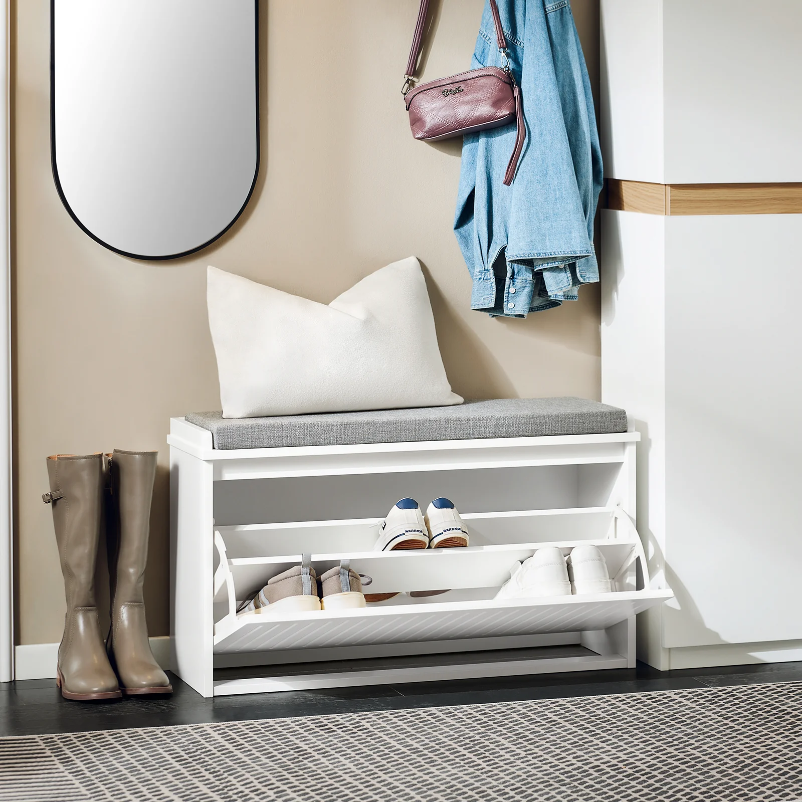 Pre-order SoBuy FSR98-L-W Schoenenbank met Opbergruimte en Gevuld Zitkussen – Modern Schoenenmeubel voor Hal, 80x26x45 cm, Draaggewicht 155 kg, Wit - Image 3