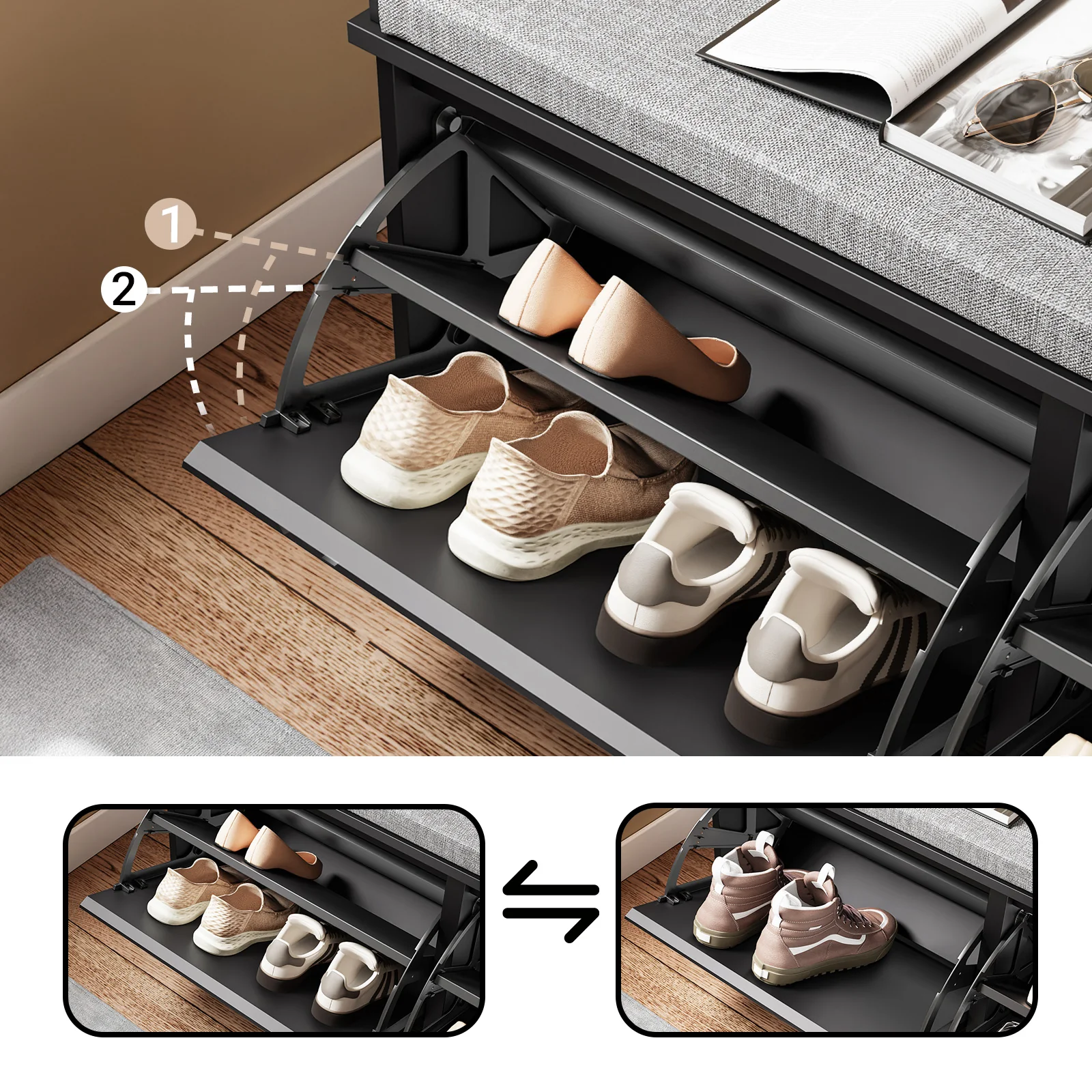 Pre-order SoBuy FSR98-XL-SCH Schoenenbank voor de entree, schoenenkast met gevoerd kussen en 2 kleppen, opbergkast voor schoenen, L 100 x D 26 x H 46 cm, draagkracht 158 kg, zwart - Image 6