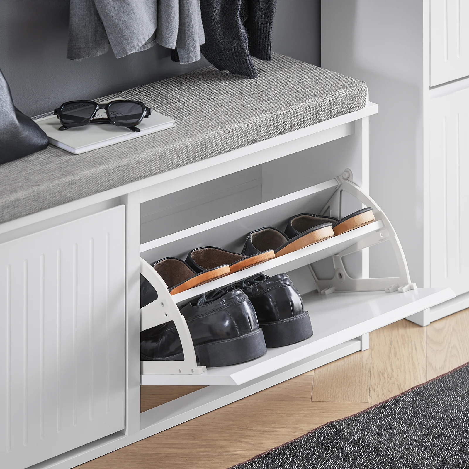 SoBuy FSR98-XL-W Schoenenbank met Opbergruimte en Comfortabel Kussen – 2 Deurtjes, Wit, 158 kg draagvermogen, L100 x B26 x H46 cm - Image 9