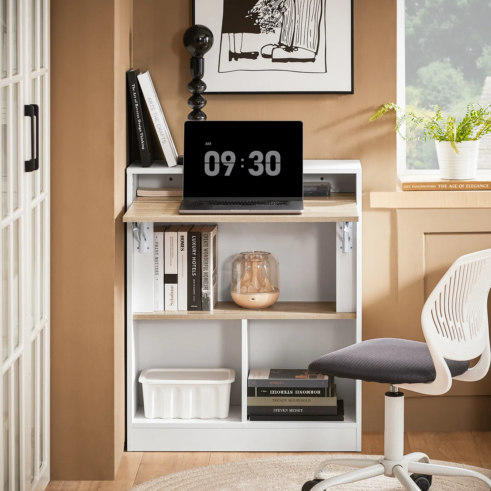 SoBuy FWT104-WN Compact Gaming Bureau met Opbergruimte & Opklapbaar Blad – Ruimtebesparend Computerbureau voor Slaapkamer & Home Office – Wit/Naturel 70×57×85 cm - Image 2