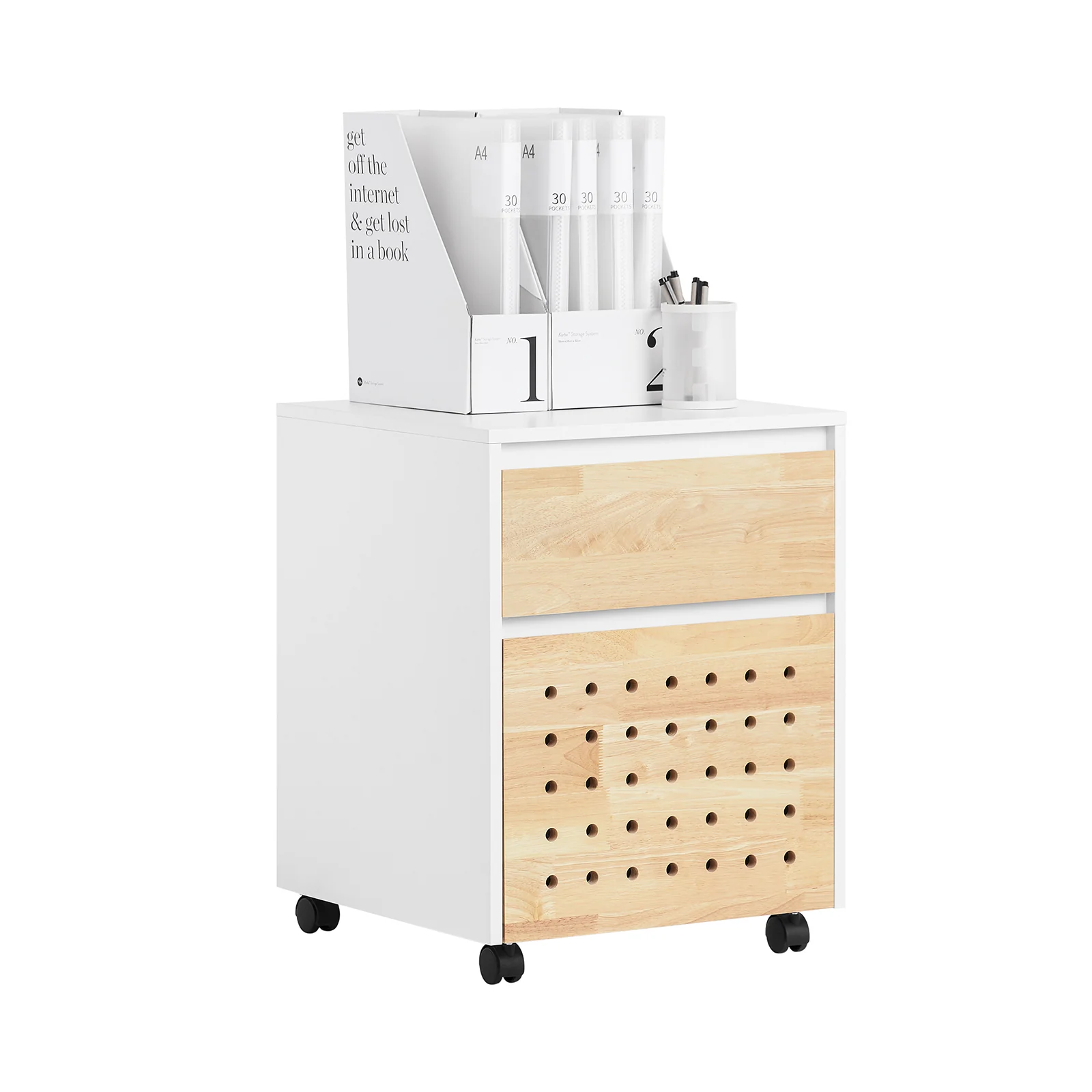 SoBuy ASK06-WN Bureaukast met wieltjes, bureau-organizer, opbergkast, kantoor, met laden, 45 x 45 x 59 cm, wit
