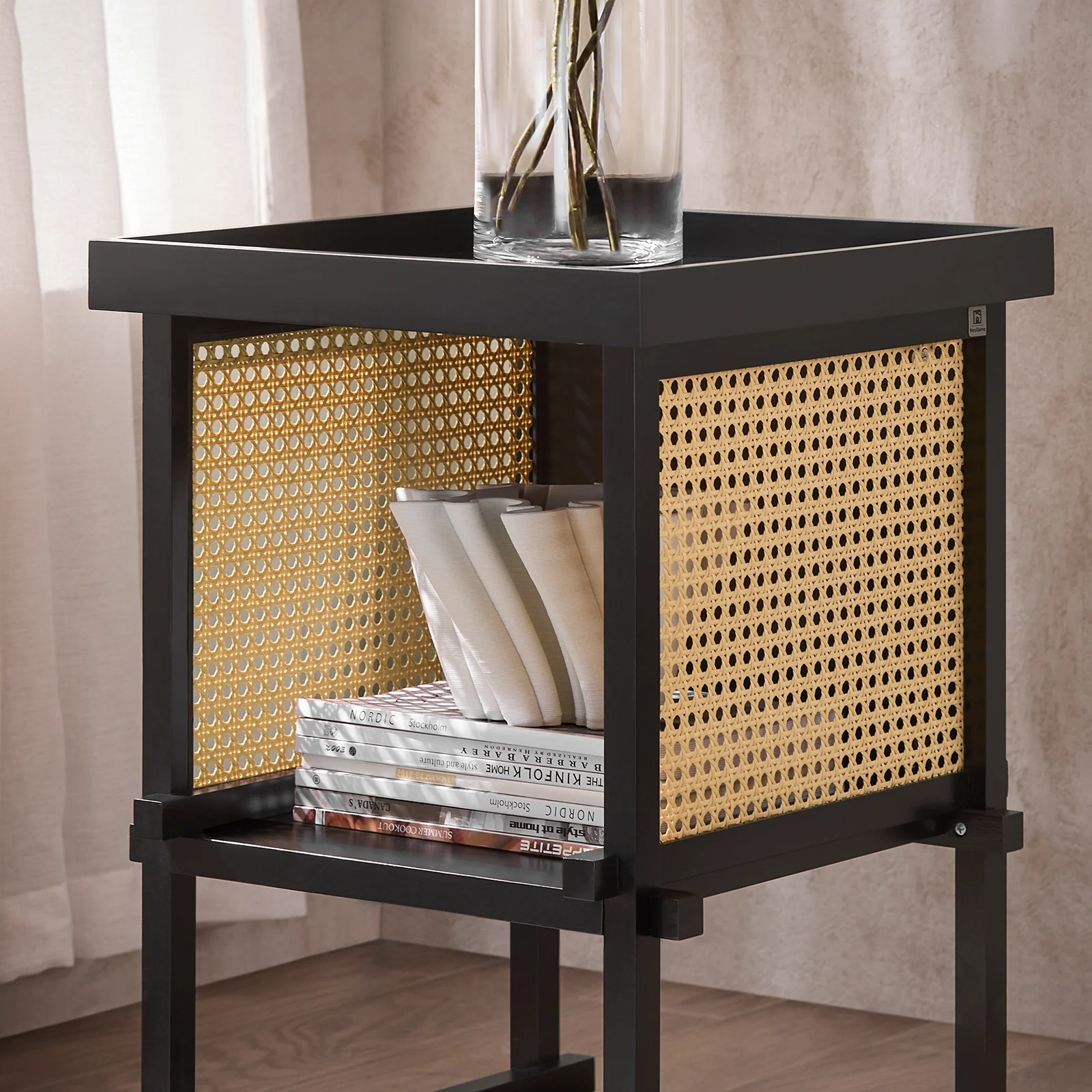 SoBuy HFBT03-SCH Design bijzettafel, vierkante salontafel, bankpunt, nachtkastje met open vak, frame van bamboe, zwart en geel - Image 10