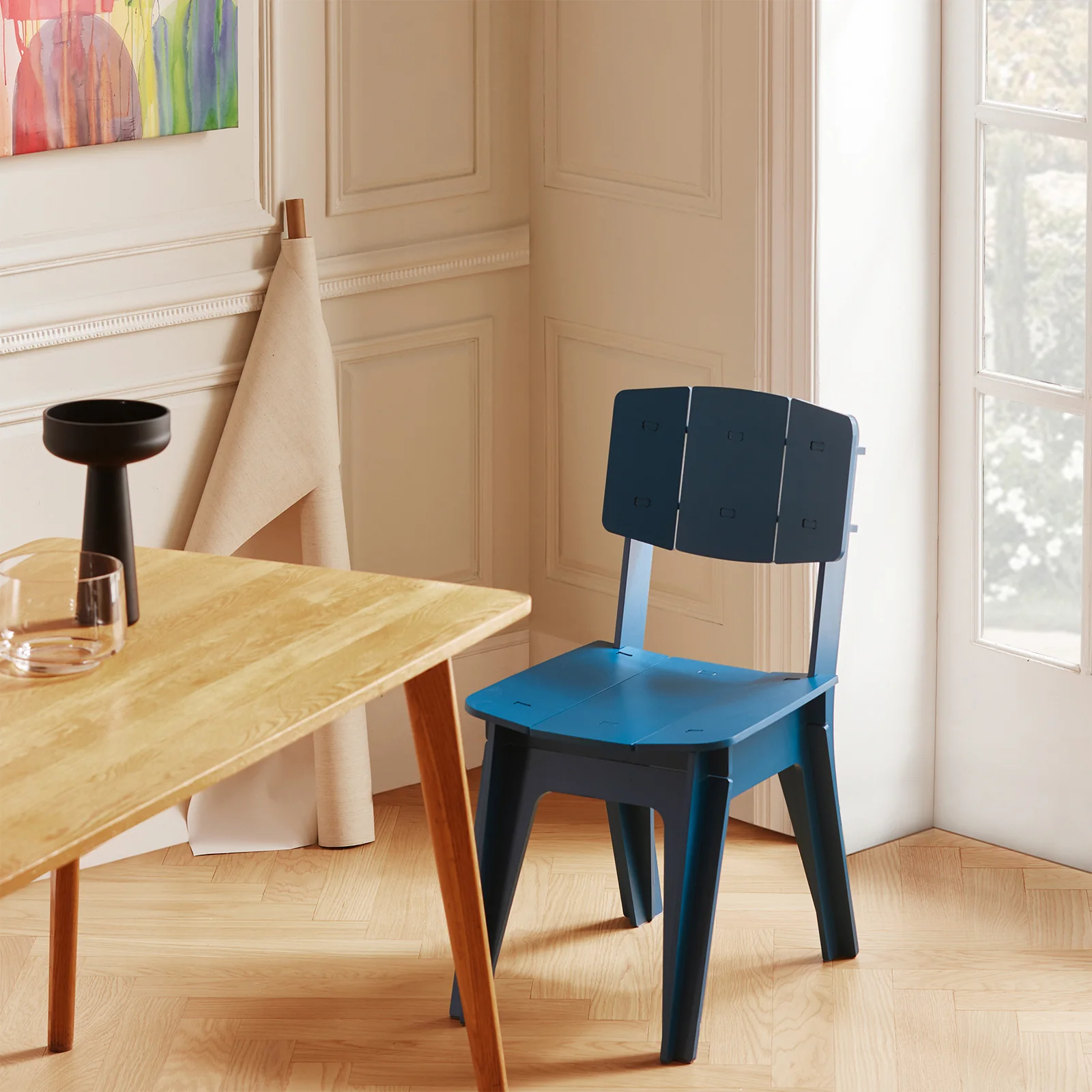 SoBuy HFST01-B Designstoel, Eetkamerstoel, Bureaustoel, Comfortabele Ergonomische, met Rugleuning, Zithoogte 41 cm, Structuur Pen-en-Gat, Hout, Blauw, 44,5x86x61 cm - Image 4