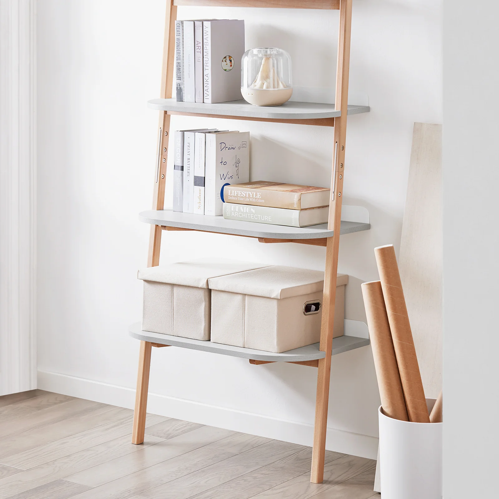 SoBuy HSTR02-HG Ladderrek, Boekenkast met 4 Niveaus, Opbergrek, Opbergkast op poten, Wandboekenkast - Image 3