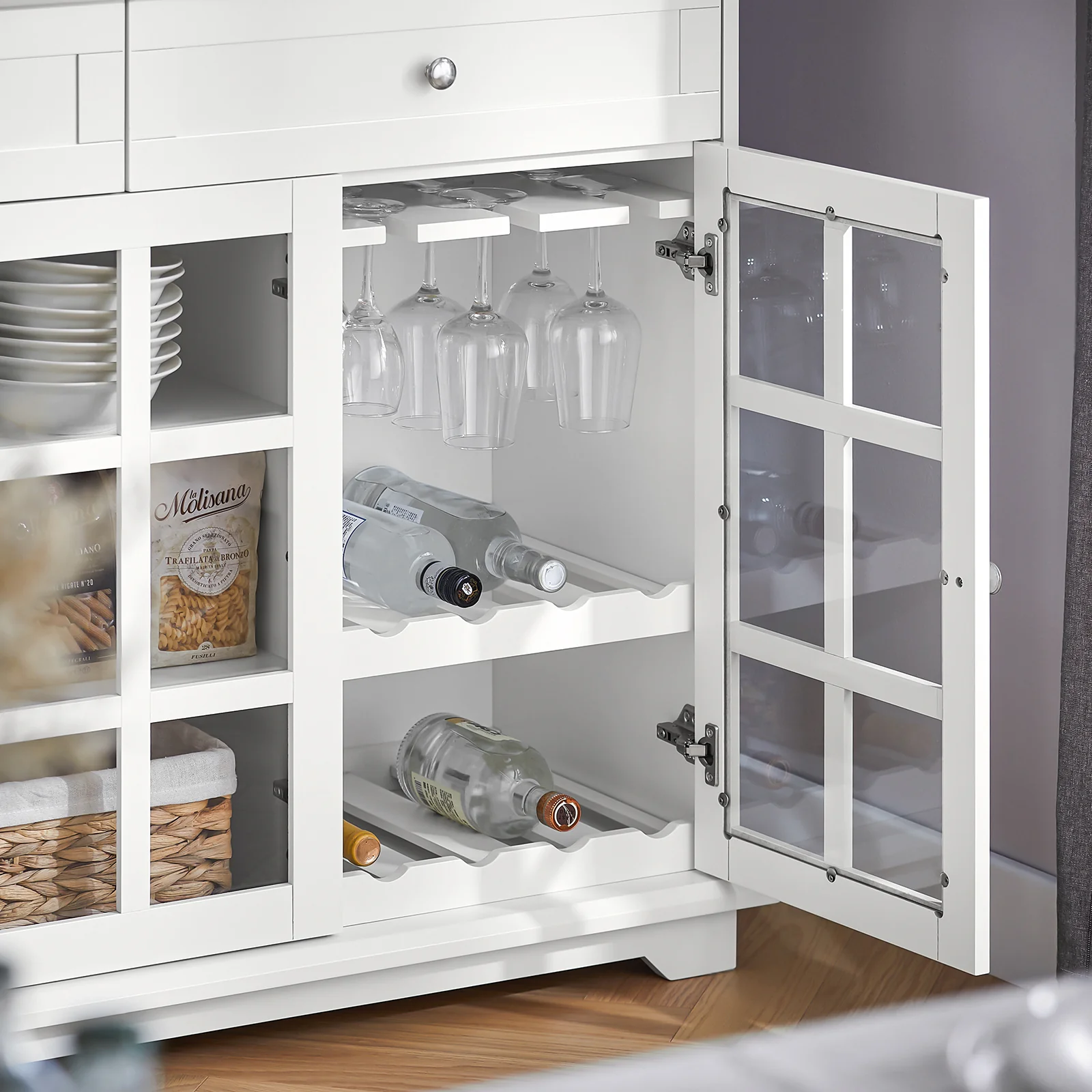 SoBuy FSB77-W Keukenkast, Dressoir, Buffet, Buffetkast, Keukeneiland, Keukenrek, Bijzetkast, Zijkant, 3 Glazen Deuren, 2 Laden - Image 12