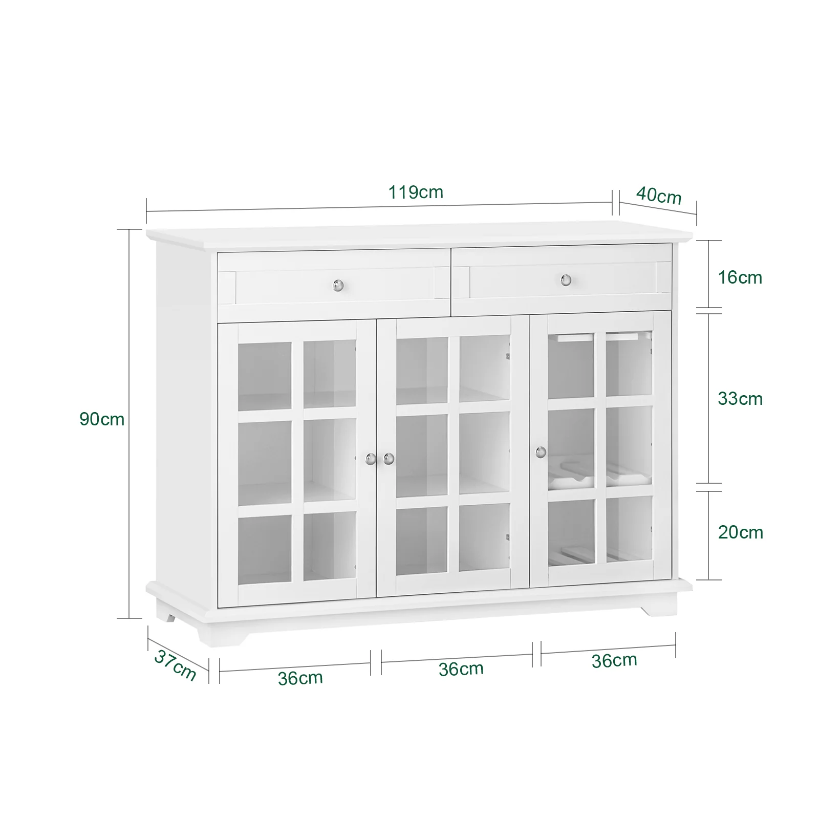 SoBuy FSB77-W Keukenkast, Dressoir, Buffet, Buffetkast, Keukeneiland, Keukenrek, Bijzetkast, Zijkant, 3 Glazen Deuren, 2 Laden - Image 5