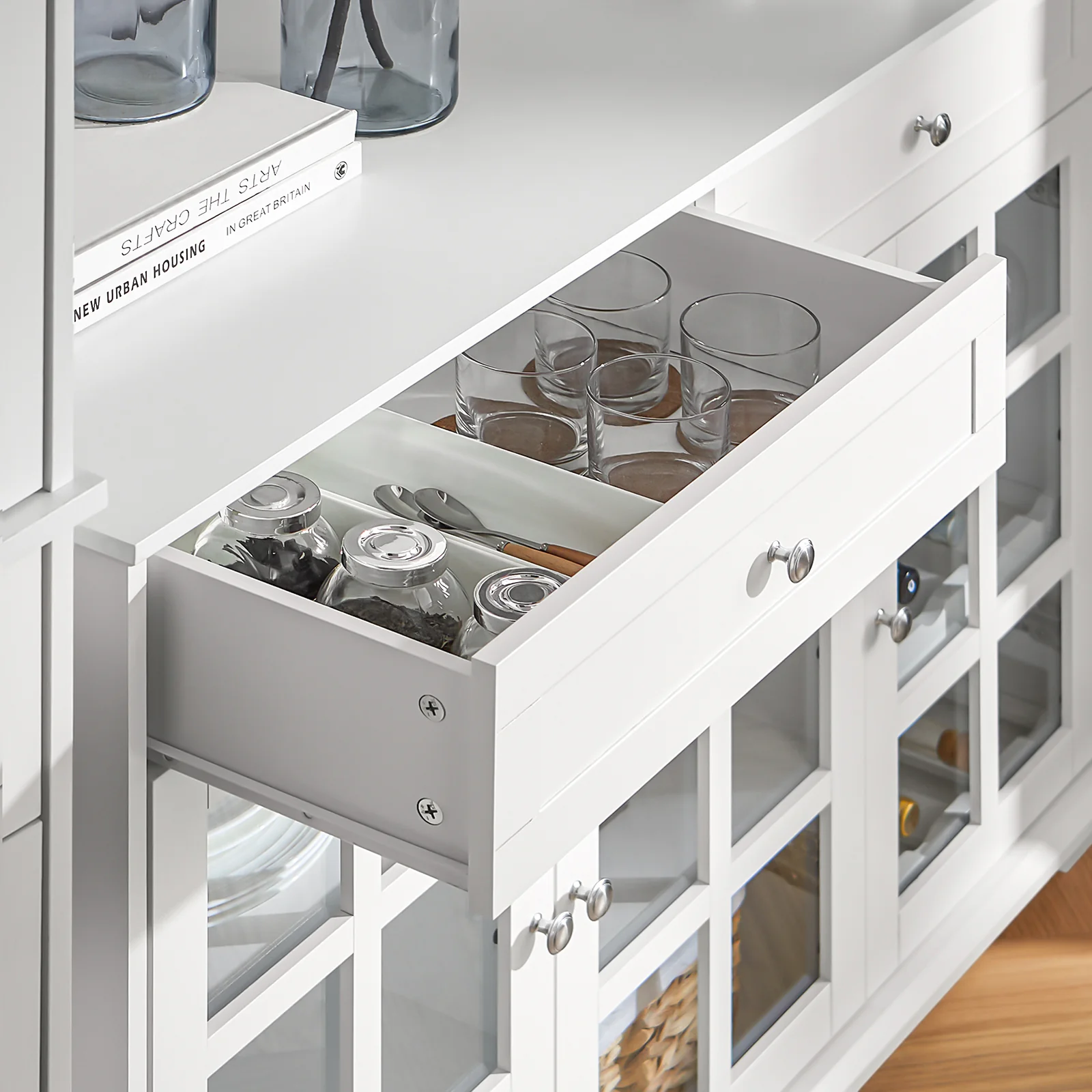 SoBuy FSB77-W Keukenkast, Dressoir, Buffet, Buffetkast, Keukeneiland, Keukenrek, Bijzetkast, Zijkant, 3 Glazen Deuren, 2 Laden - Image 7