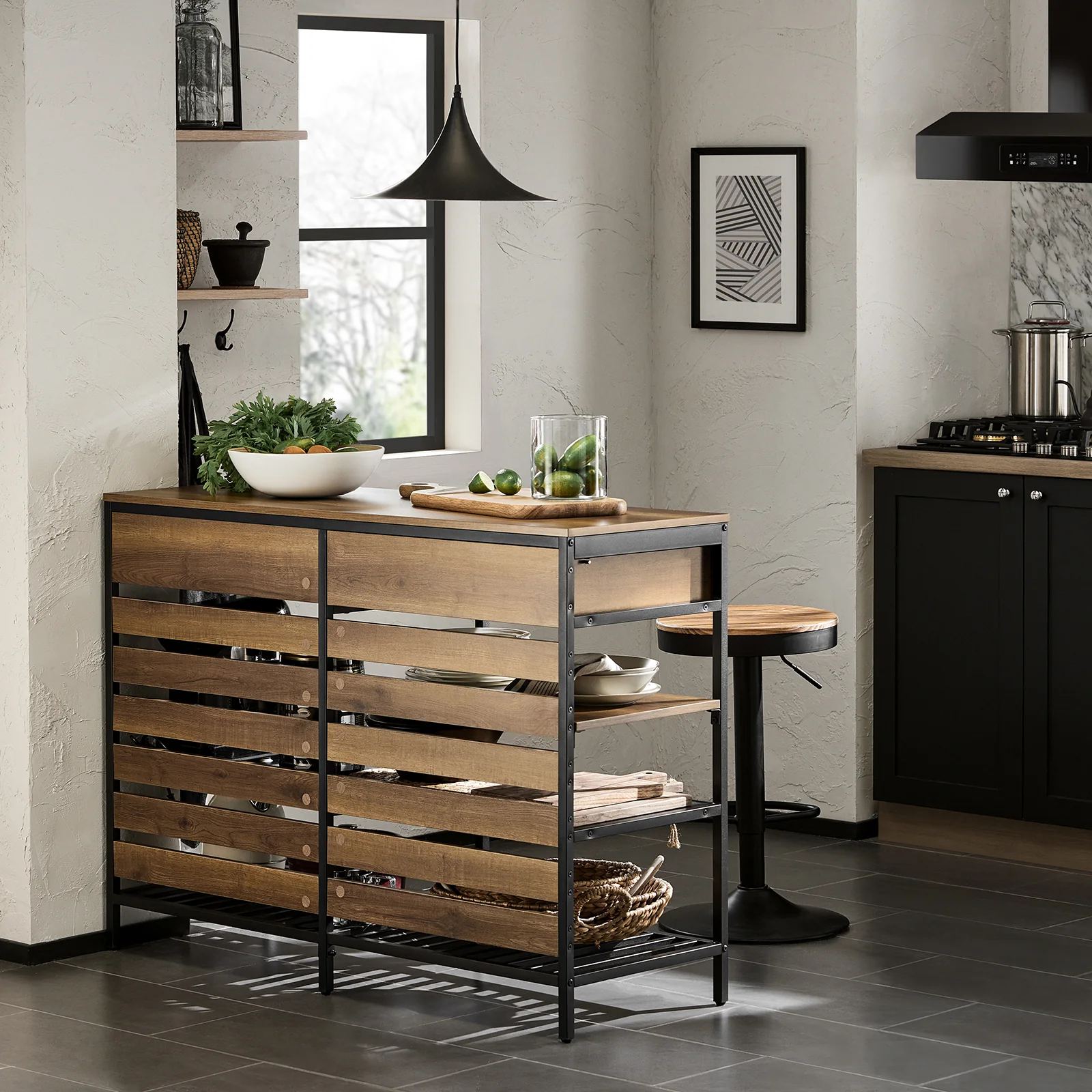 SoBuy FSB85-PF Keukentafel Keukenkast Keuken Opbergkast Aanrecht met 2 Laden en 2 Planken, Centraal Keukeneiland, Stabiel Stalen Frame, Industrieel, Vintage, 120 x 45 x 91 cm - Image 4