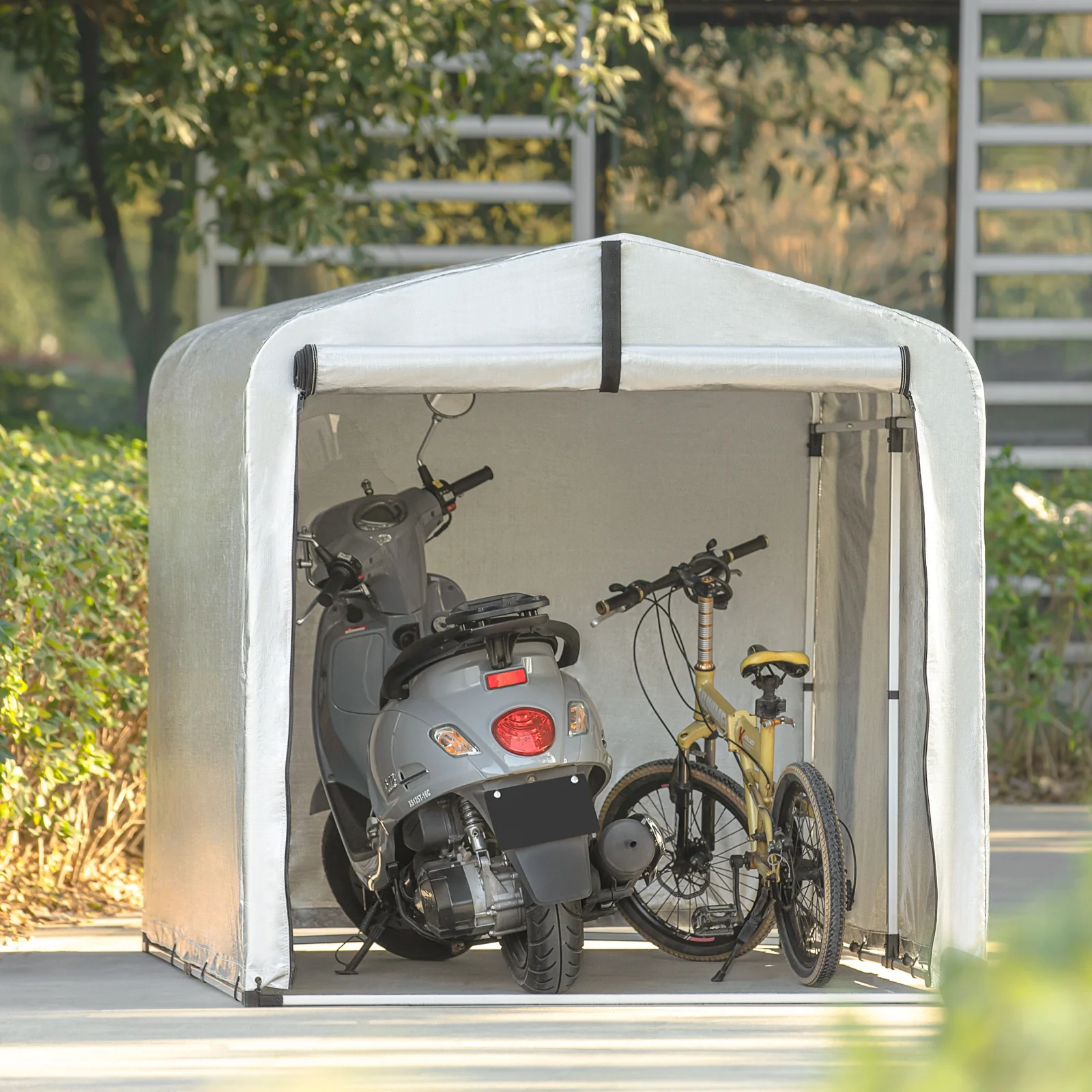 SoBuy KLS11-L Tuinhuis, Waterdichte Tuinopslag, Motor Schuur, Fiets en Gereedschap Garage, Opslagruimte en Bescherming, Zilver, 159x165x219 cm - Image 3