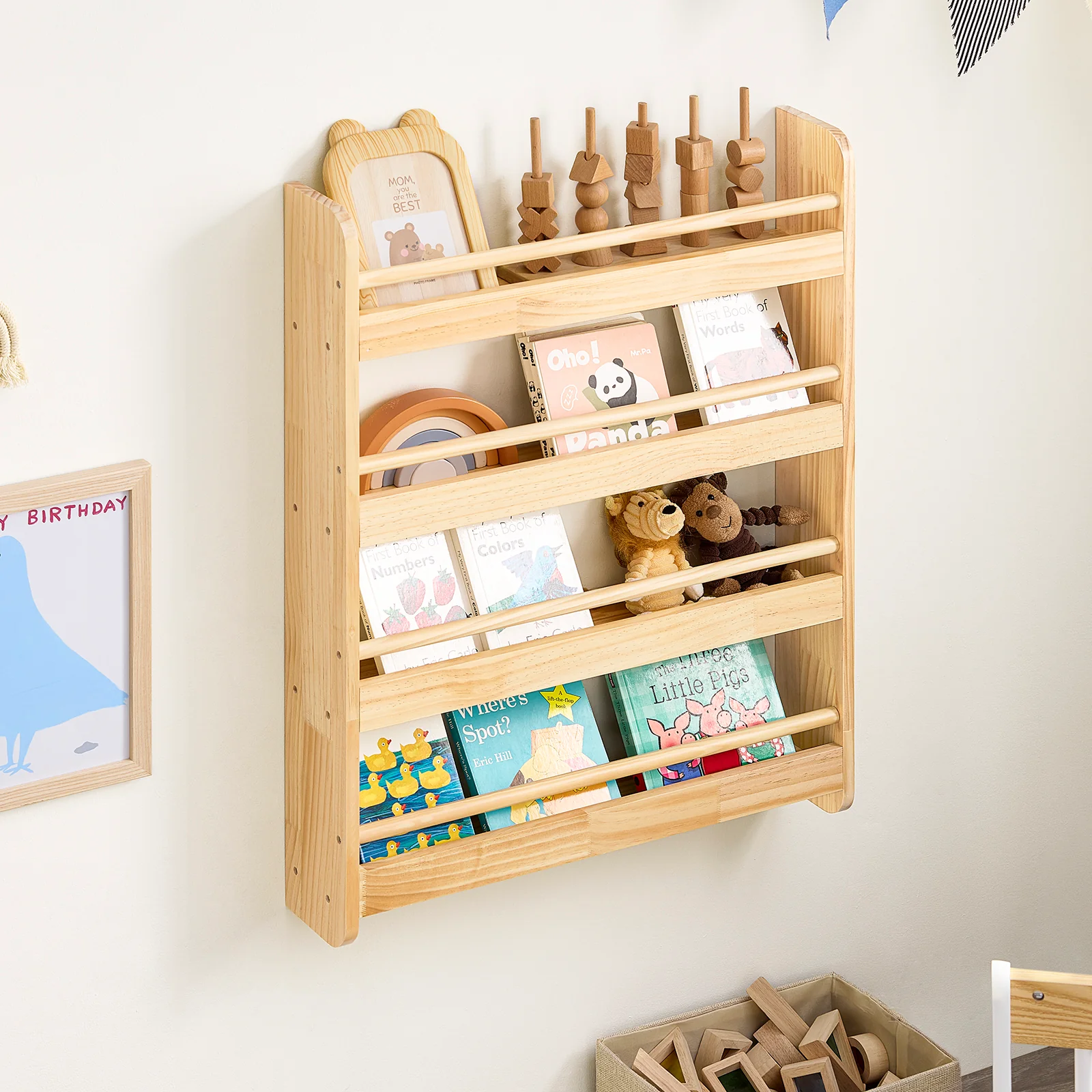 SoBuy KMB08-K-N Boekenkast voor kinderen, 4 niveaus, meubels, speelgoed, boekenkast, opbergkast, plank, slaapkamer, natuur, 60 x 12 x 80 cm - Image 4