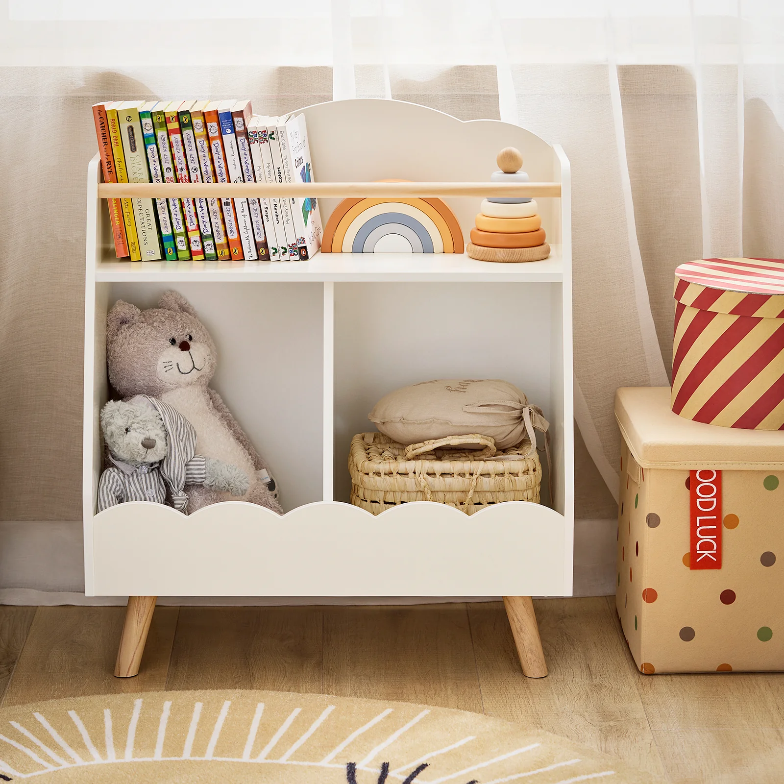 SoBuy KMB100-K-W Kinderboekenkast, boekenkast, opbergrek, speelgoed voor kinderen, opbergkast op poten voor kinderkamer, 2 open vakken - Image 2