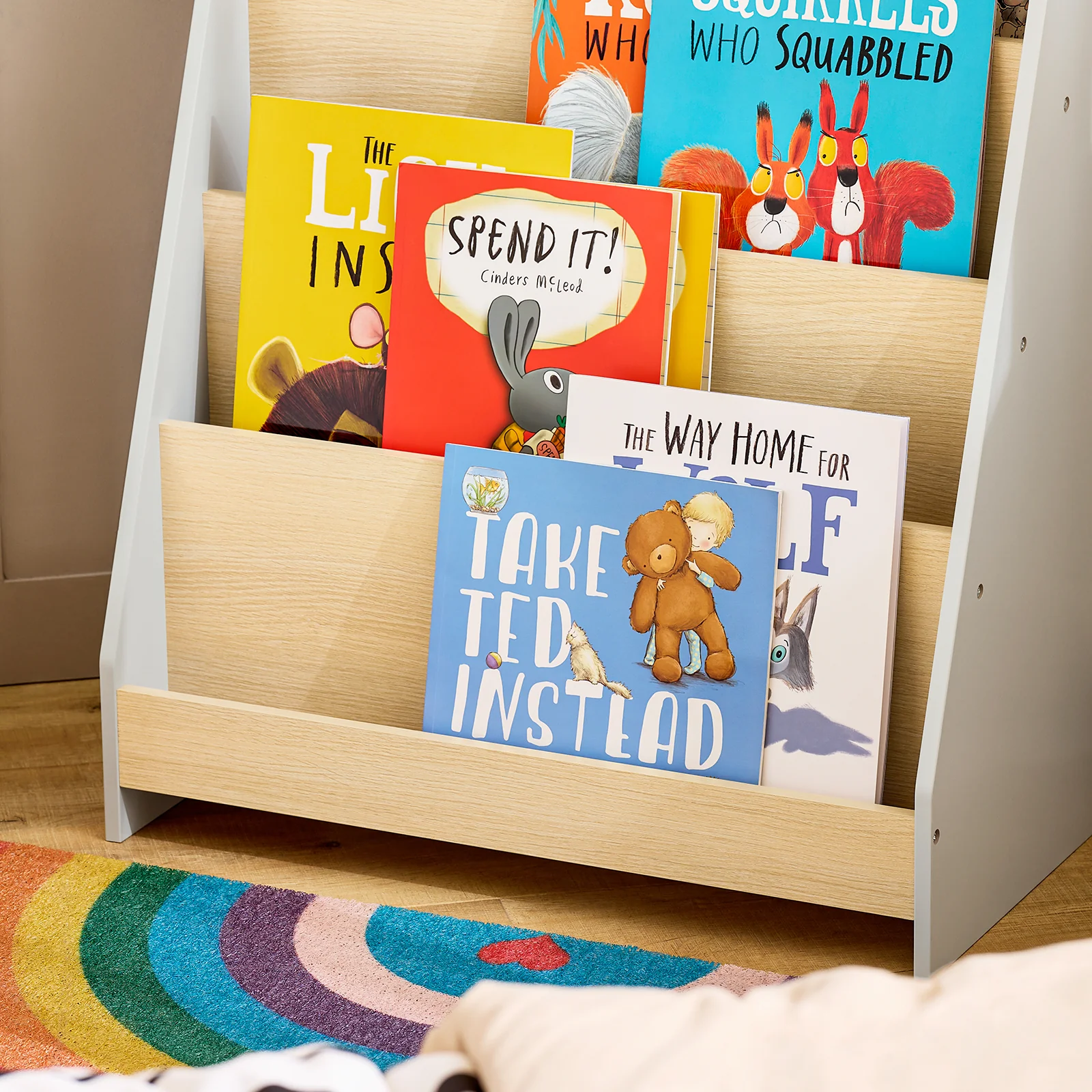 SoBuy KMB106-HG Kinderen boekenkast kinderrek krantenstandaard met 4 opbergvakken opbergrek voor kinderen boekenrek hangrek - Image 10
