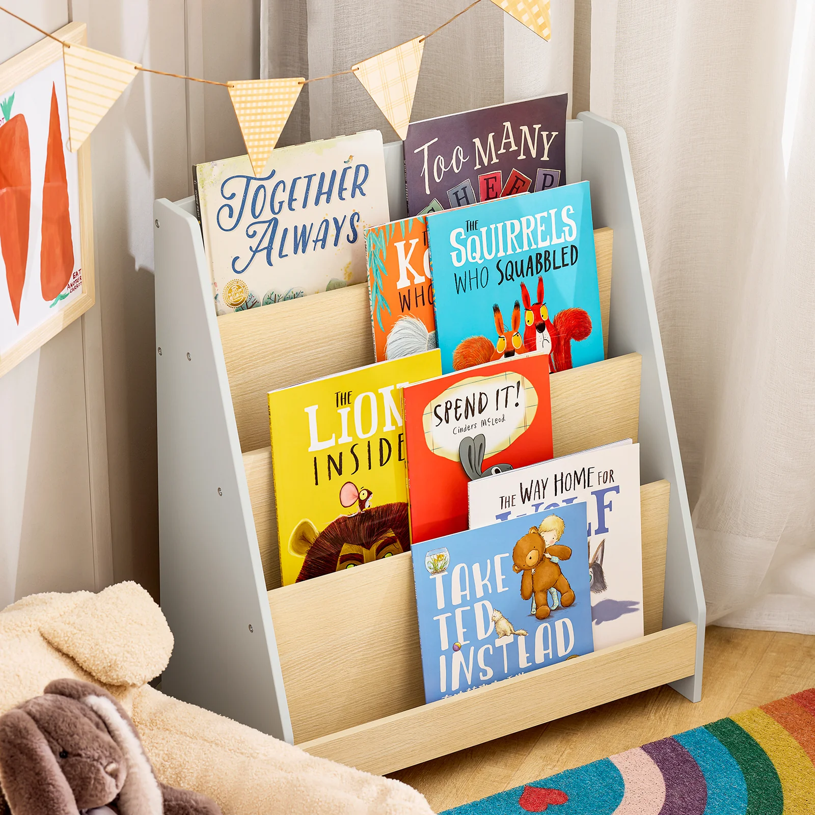 SoBuy KMB106-HG Kinderen boekenkast kinderrek krantenstandaard met 4 opbergvakken opbergrek voor kinderen boekenrek hangrek - Image 3