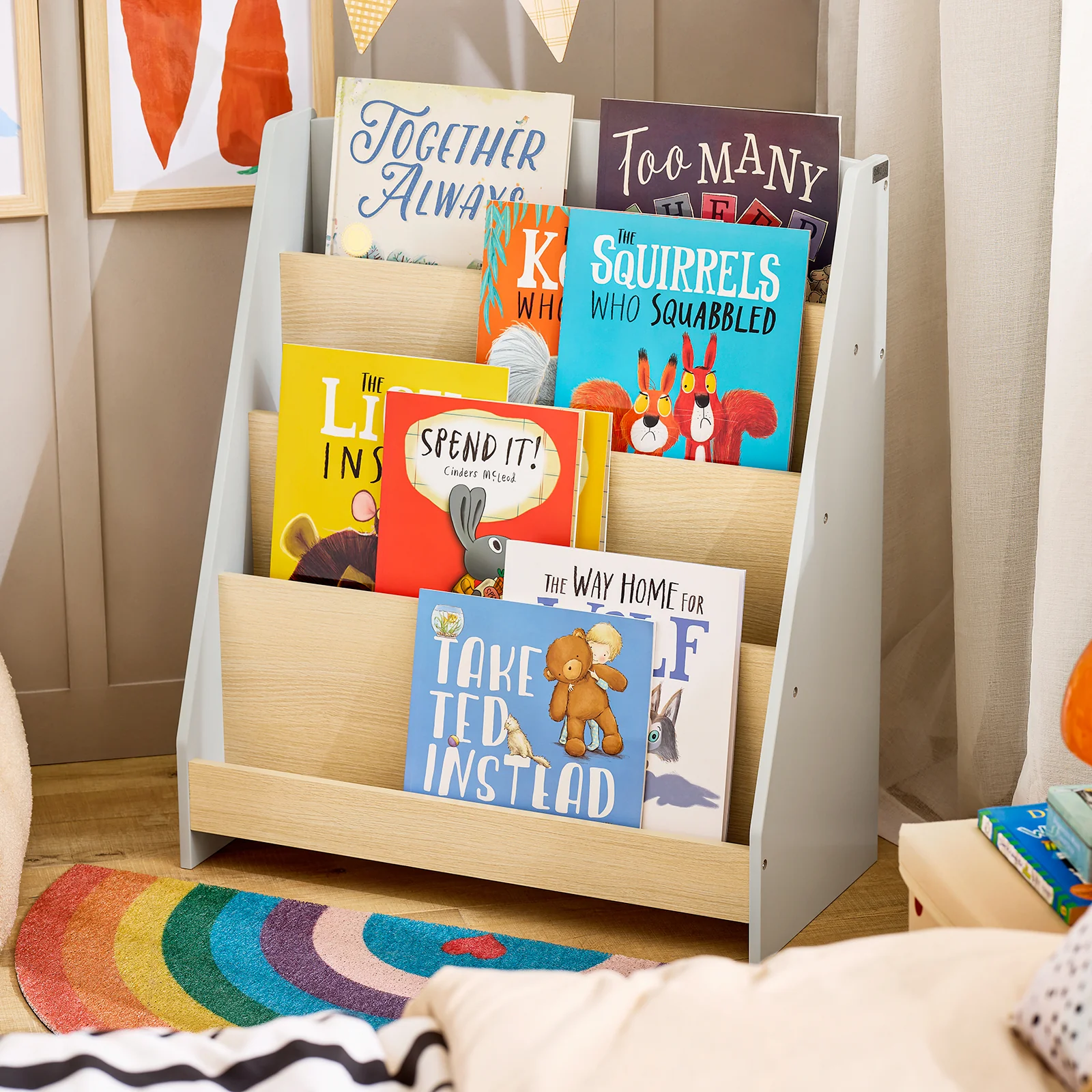 SoBuy KMB106-HG Kinderen boekenkast kinderrek krantenstandaard met 4 opbergvakken opbergrek voor kinderen boekenrek hangrek - Image 4