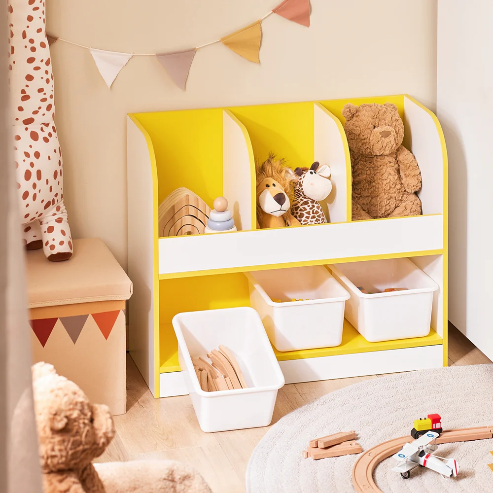 SoBuy KMB107-G Opbergkast voor kinderen, speelgoed en boeken, boekenrek voor kinderkamer, kinderboekenkast, 3 vakken en 3 kunststof dozen - Image 3