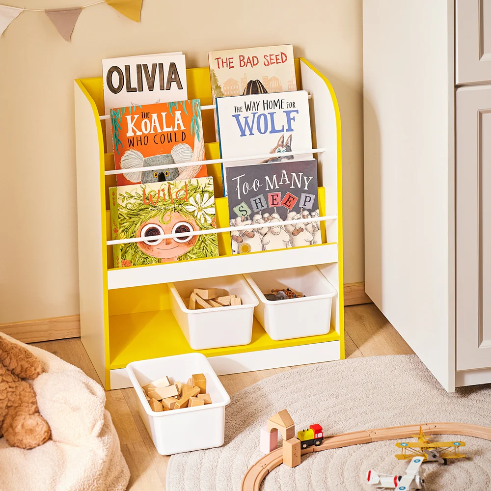 SoBuy KMB108-G Boeken- en speelgoedrek, kinderboekenkast, opbergrek voor kinderkamer, opbergkast voor speelgoed en boeken, 3 vakken en 3 afneembare dozen - Image 2
