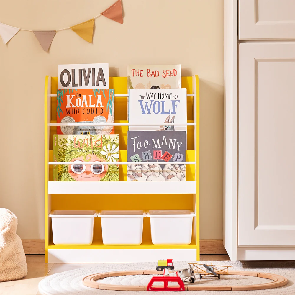 SoBuy KMB108-G Boeken- en speelgoedrek, kinderboekenkast, opbergrek voor kinderkamer, opbergkast voor speelgoed en boeken, 3 vakken en 3 afneembare dozen - Image 3
