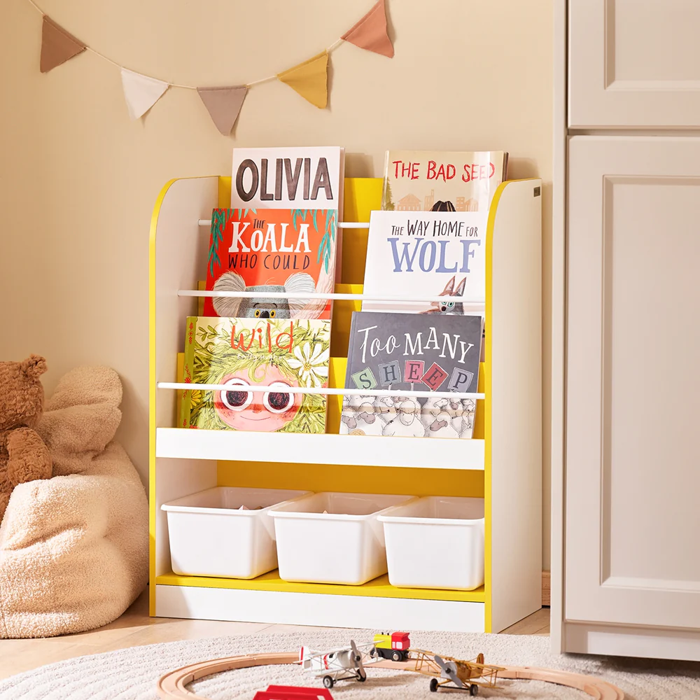 SoBuy KMB108-G Boeken- en speelgoedrek, kinderboekenkast, opbergrek voor kinderkamer, opbergkast voor speelgoed en boeken, 3 vakken en 3 afneembare dozen - Image 4